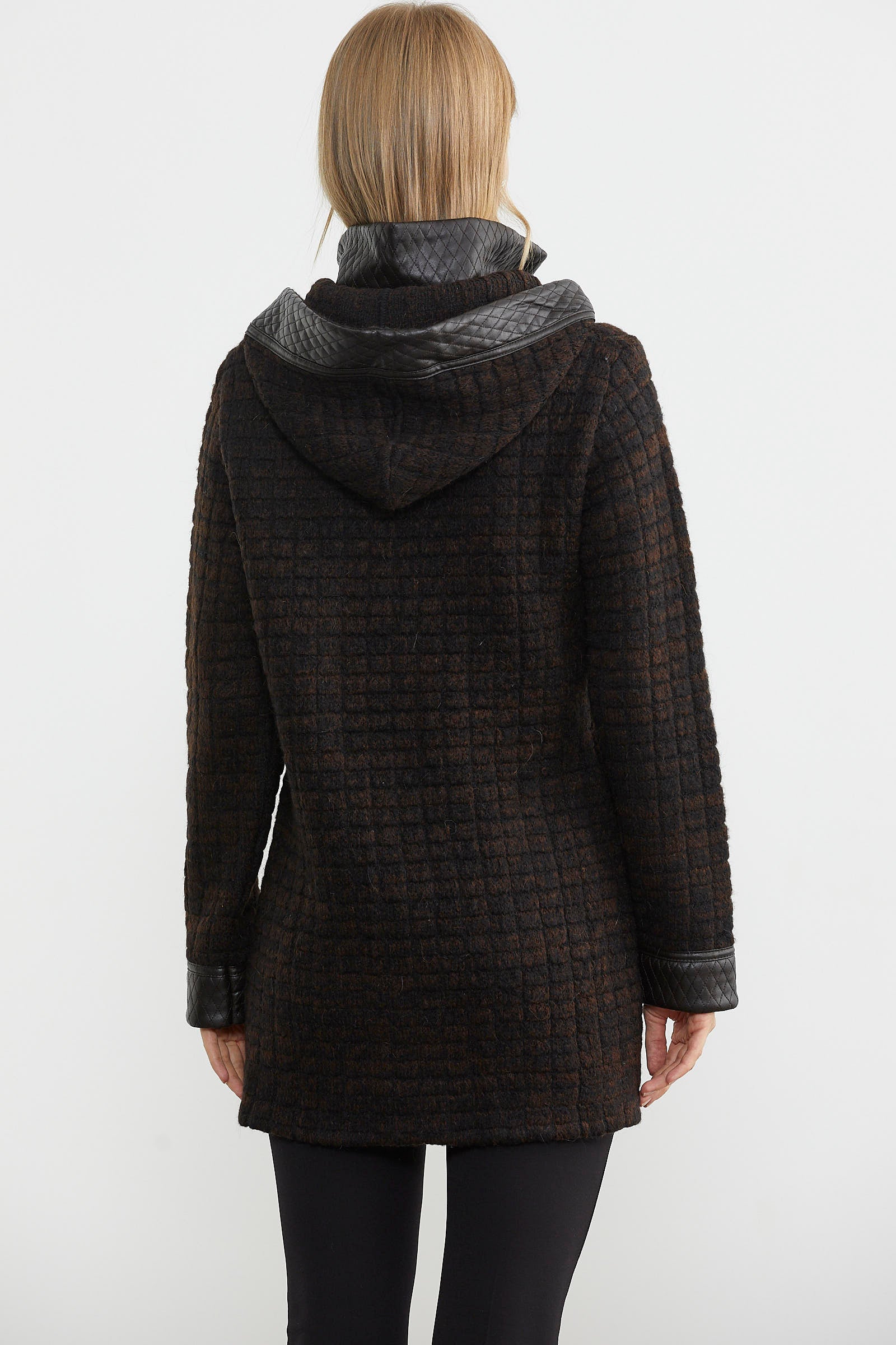 Suni Deri Detaylı Uzun Triko Ceket - Kahve - Siyah (6) Sementa