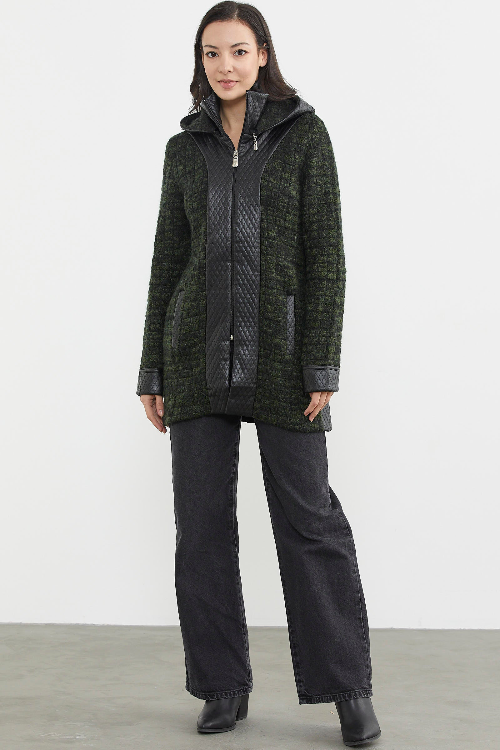 Suni Deri Detaylı Uzun Triko Ceket - Siyah - Yeşil (2) Sementa