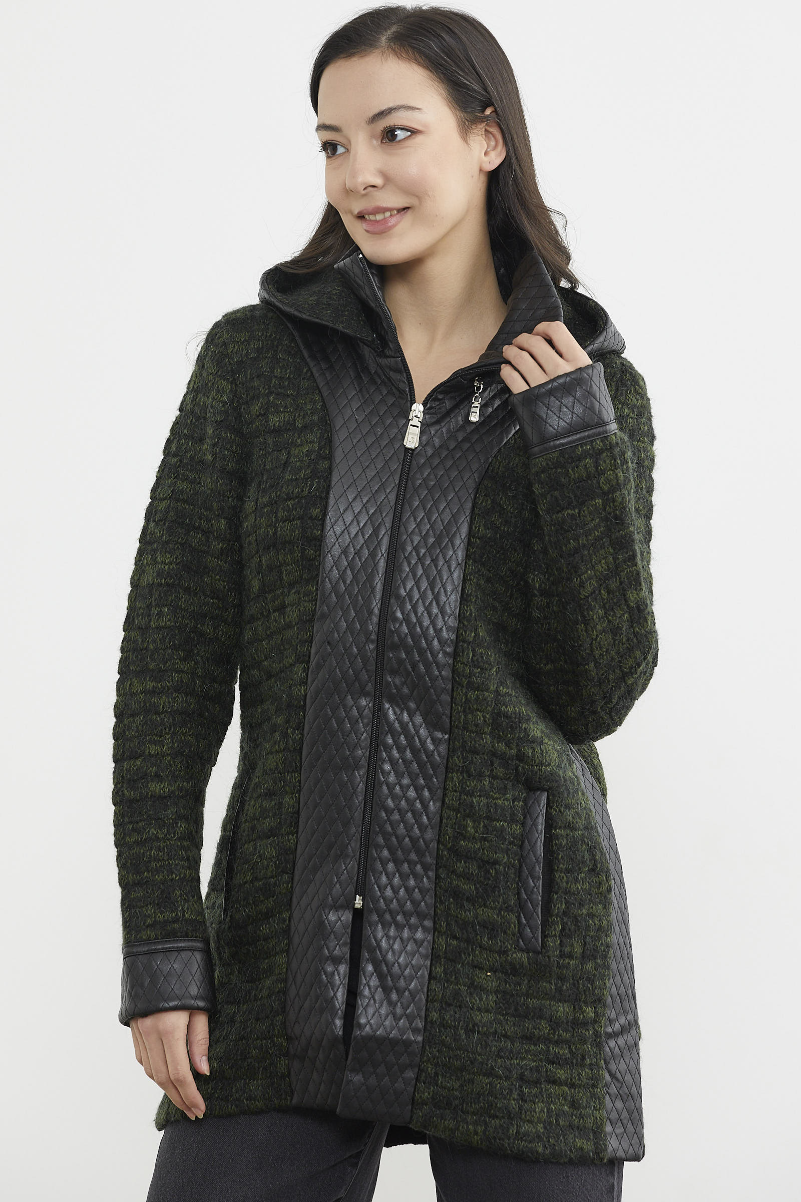 Suni Deri Detaylı Uzun Triko Ceket - Siyah - Yeşil (3) Sementa