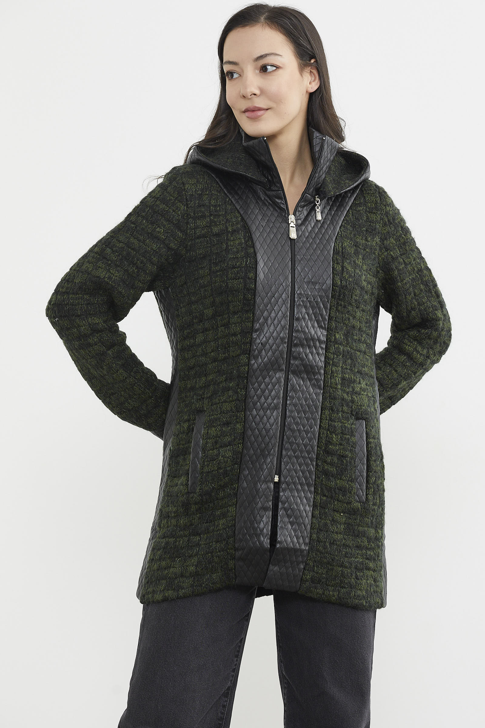 Suni Deri Detaylı Uzun Triko Ceket - Siyah - Yeşil (4) Sementa