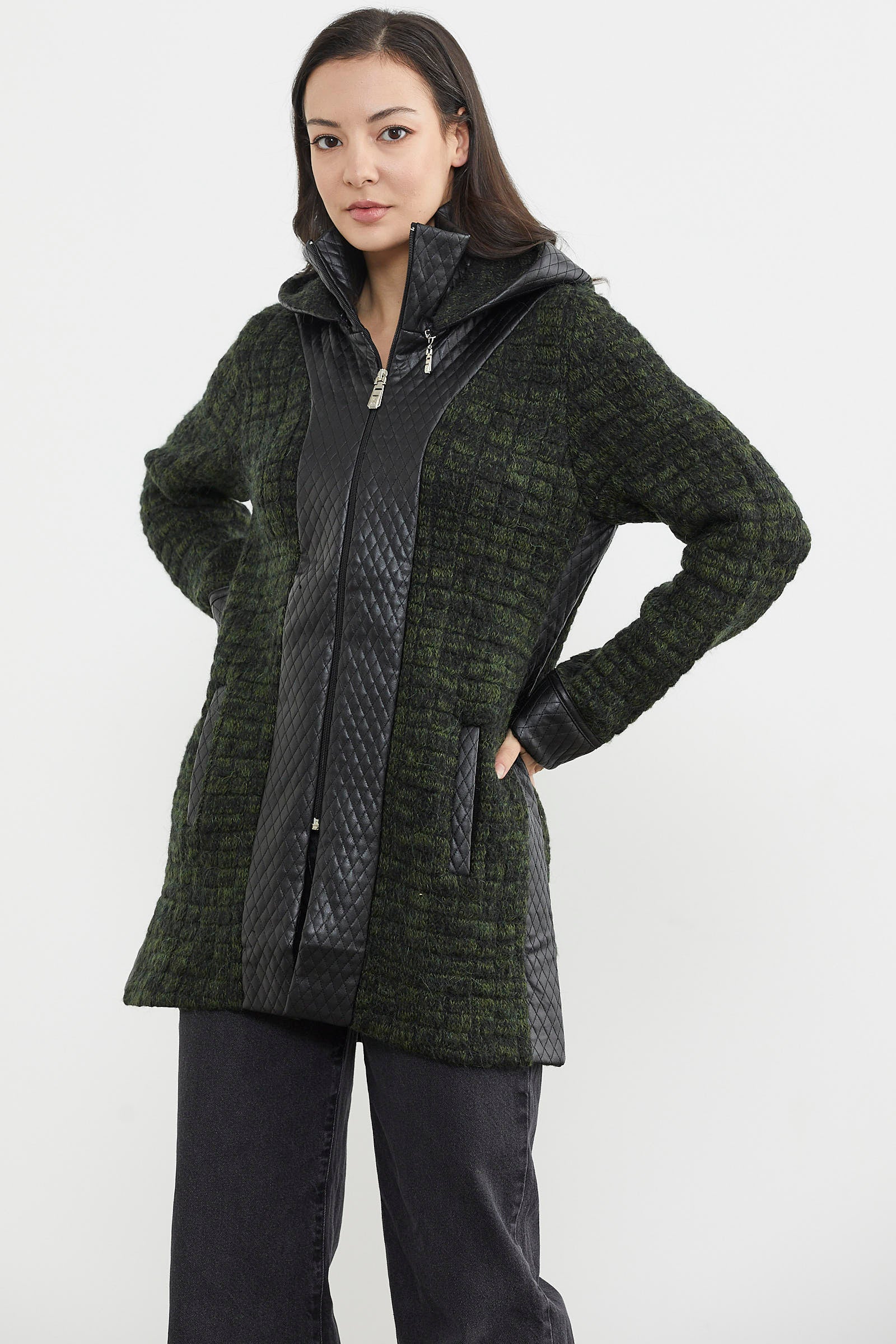 Suni Deri Detaylı Uzun Triko Ceket - Siyah - Yeşil (5) Sementa