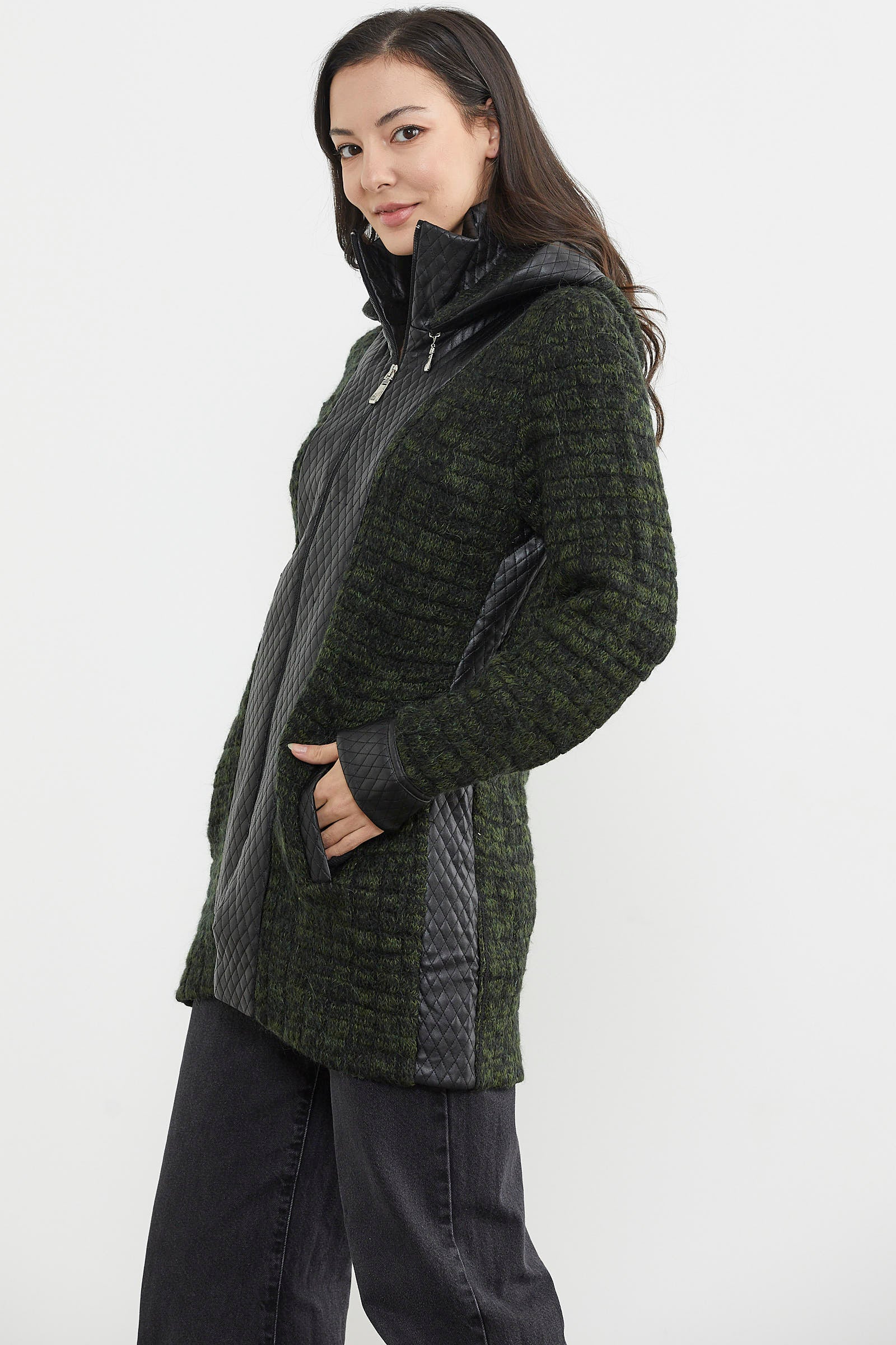 Suni Deri Detaylı Uzun Triko Ceket - Siyah - Yeşil (6) Sementa