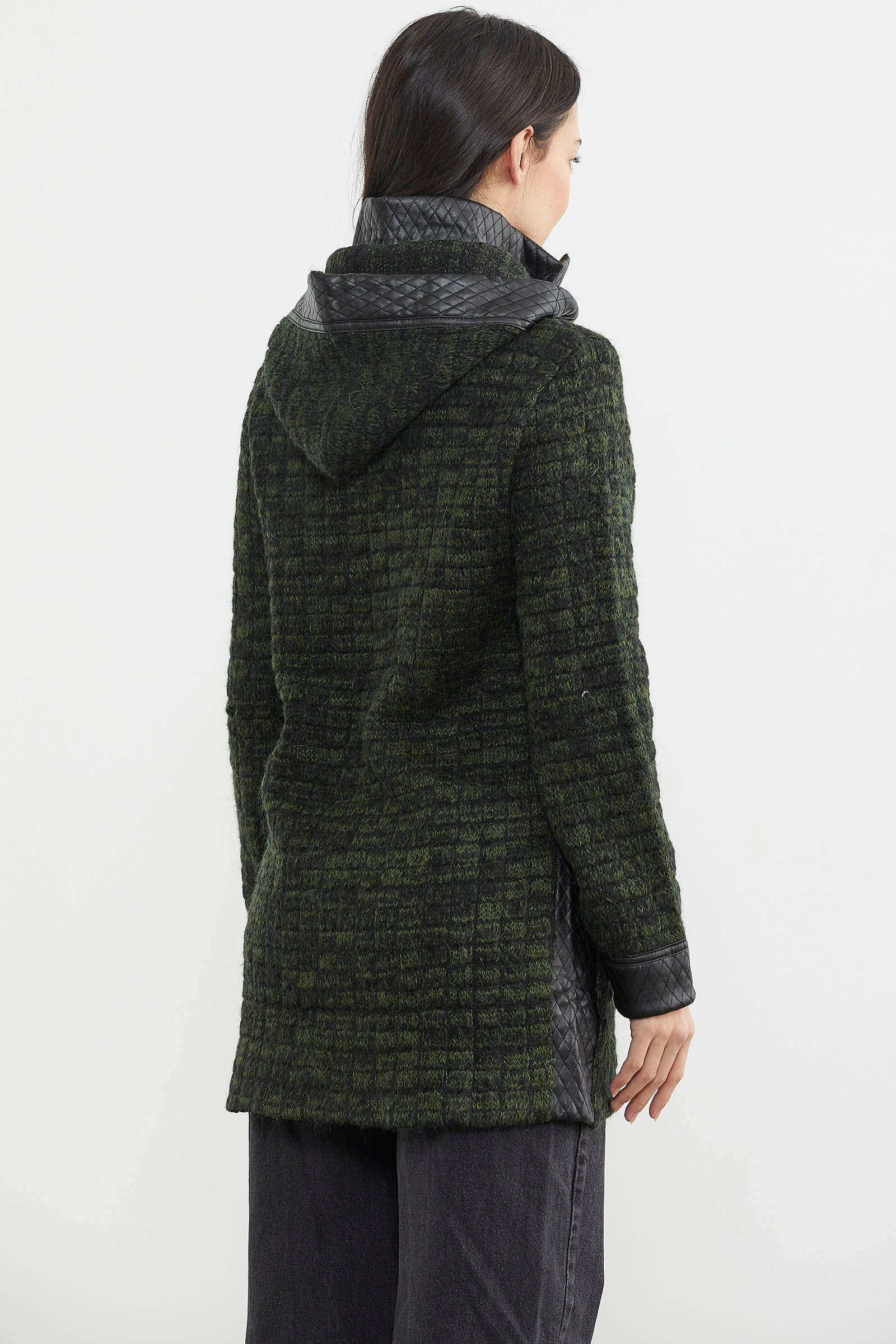 Suni Deri Detaylı Uzun Triko Ceket - Siyah - Yeşil (7) Sementa