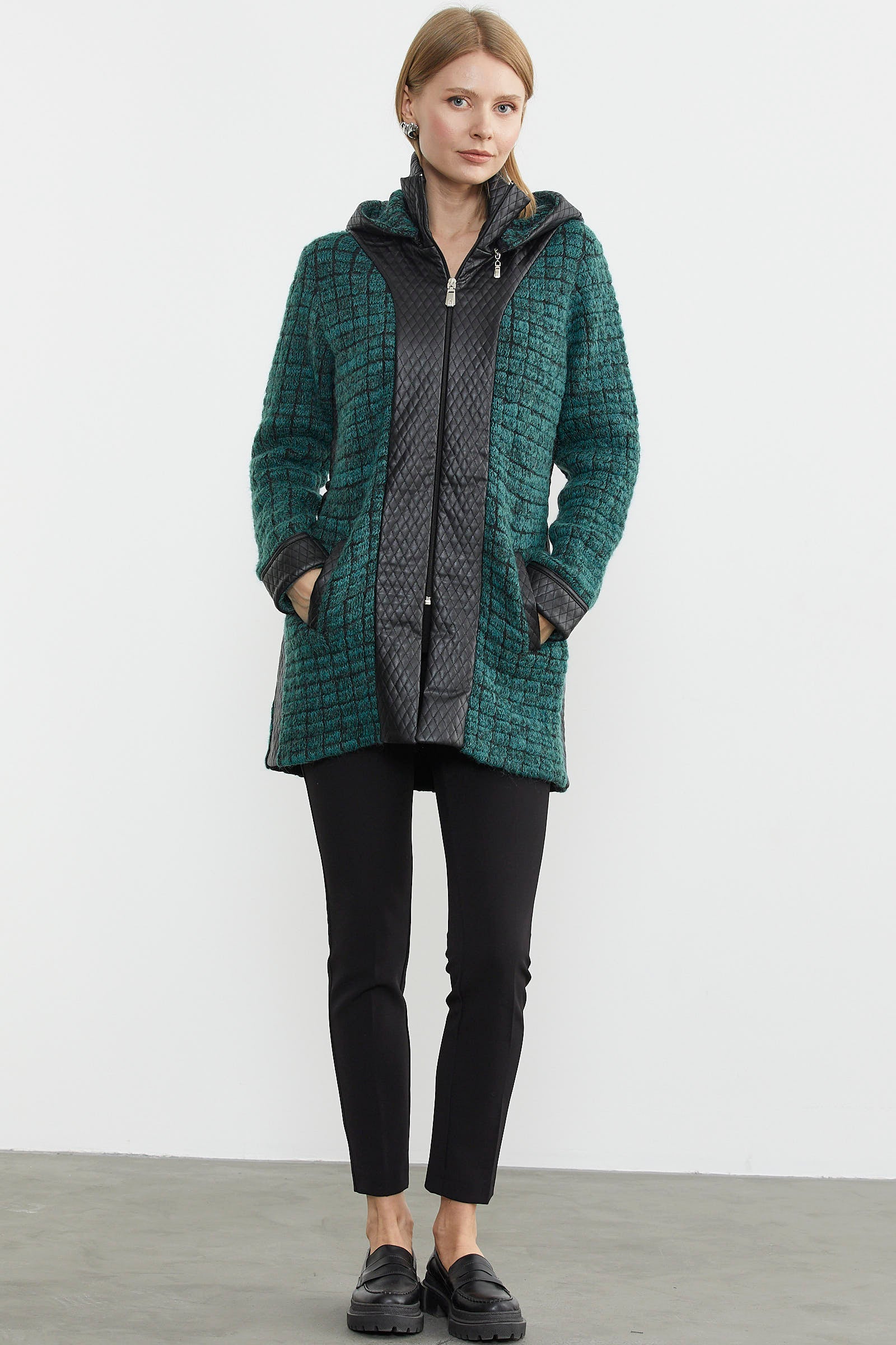 Suni Deri Detaylı Uzun Triko Ceket - Su Yeşili - Antrasit (1) Sementa