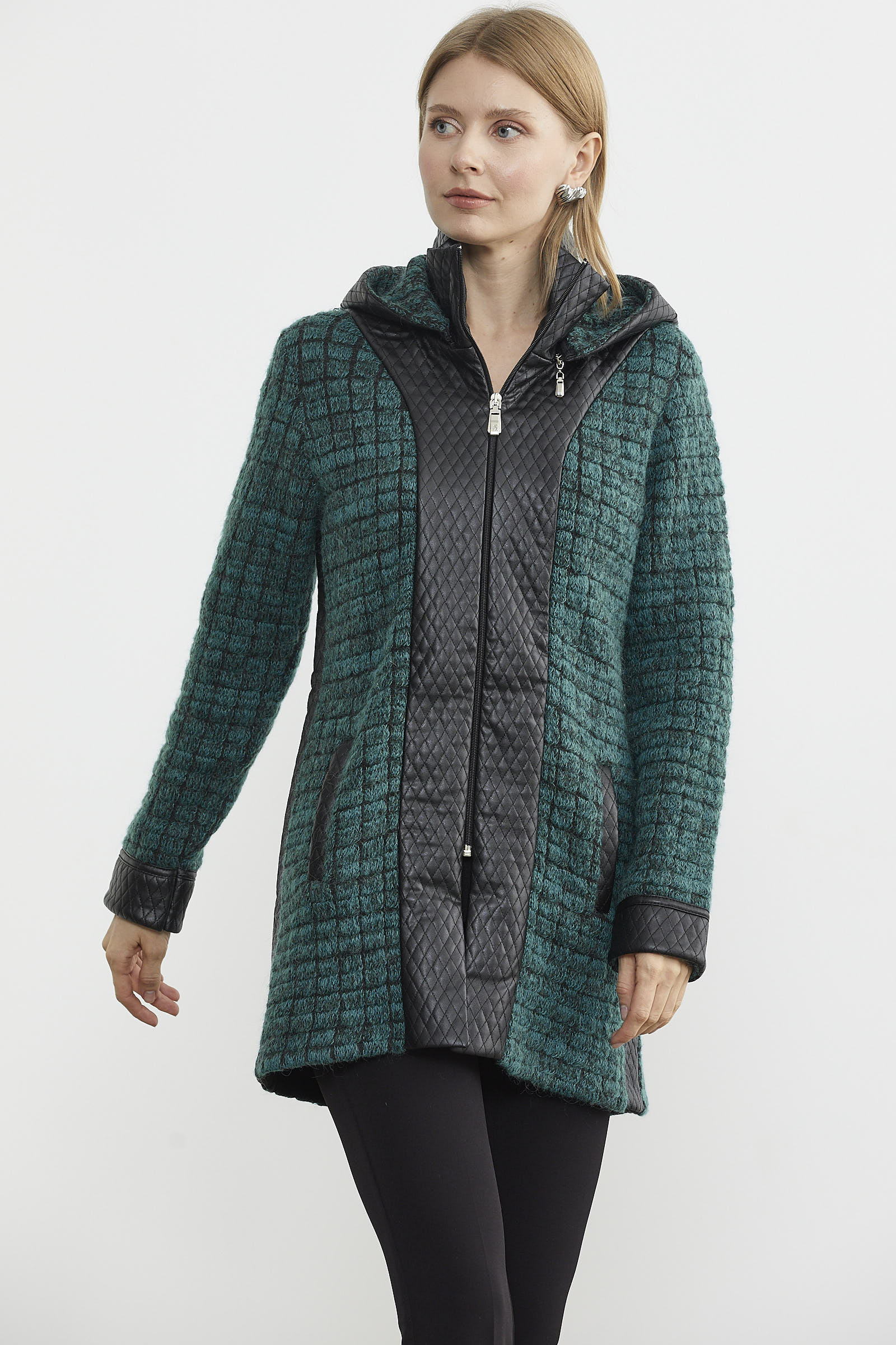 Suni Deri Detaylı Uzun Triko Ceket - Su Yeşili - Antrasit (3) Sementa