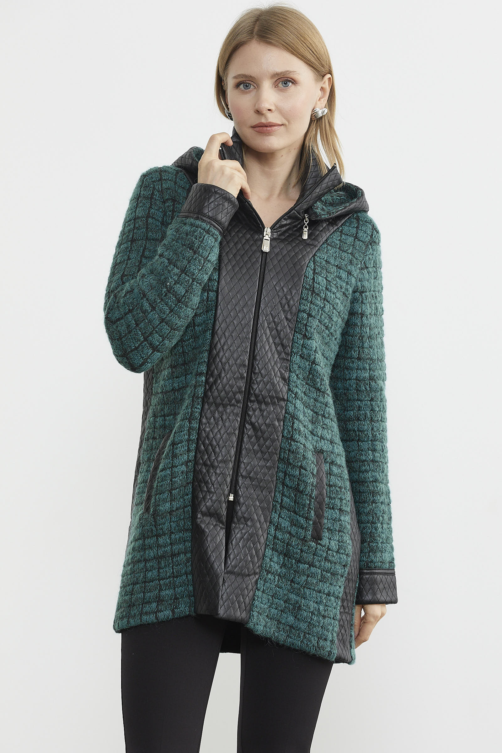 Suni Deri Detaylı Uzun Triko Ceket - Su Yeşili - Antrasit (4) Sementa