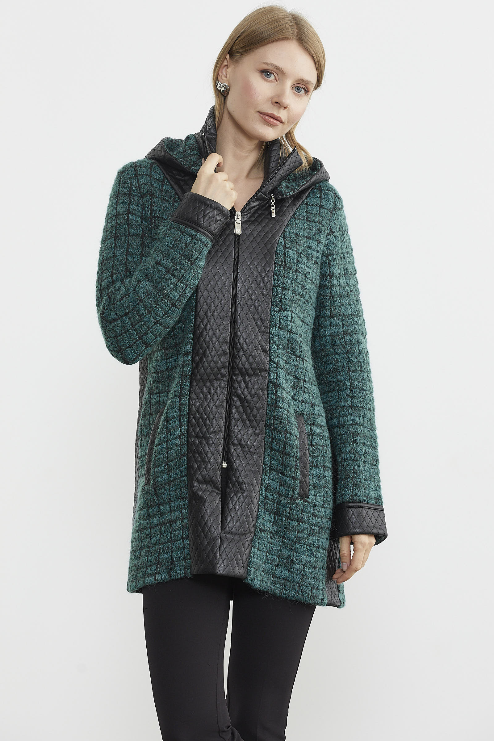 Suni Deri Detaylı Uzun Triko Ceket - Su Yeşili - Antrasit (5) Sementa