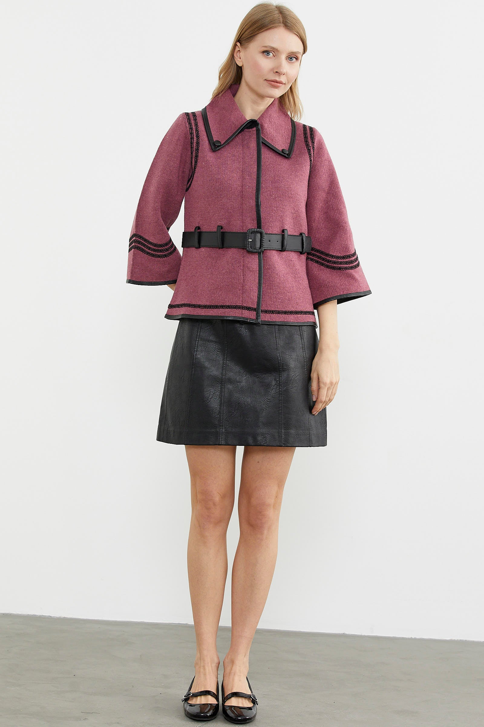 Suni Deri Kemer Detaylı Triko Ceket - Gül - Siyah (1) Sementa