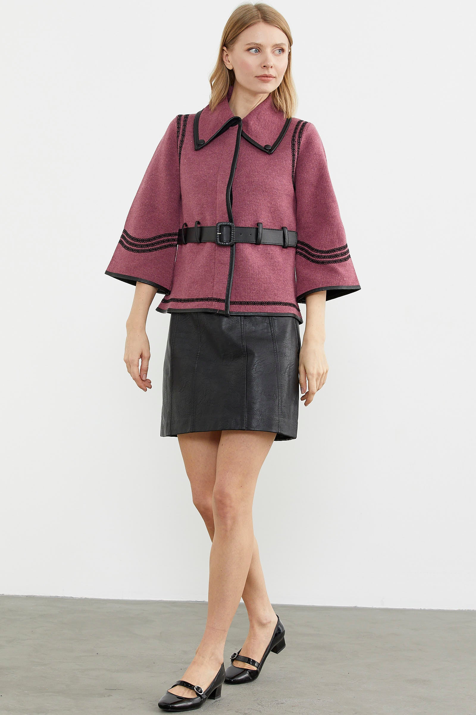 Suni Deri Kemer Detaylı Triko Ceket - Gül - Siyah (3) Sementa