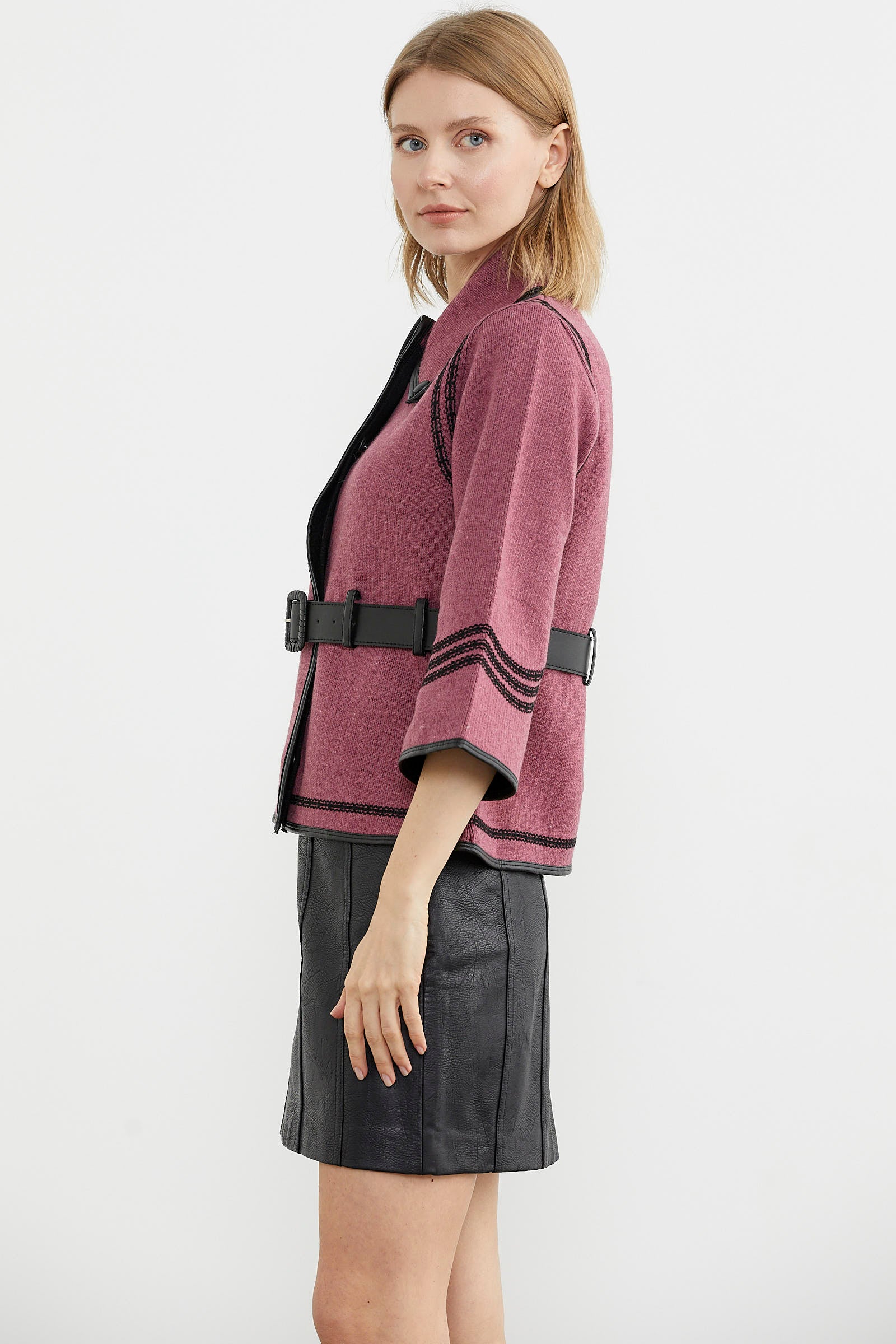 Suni Deri Kemer Detaylı Triko Ceket - Gül - Siyah (5) Sementa