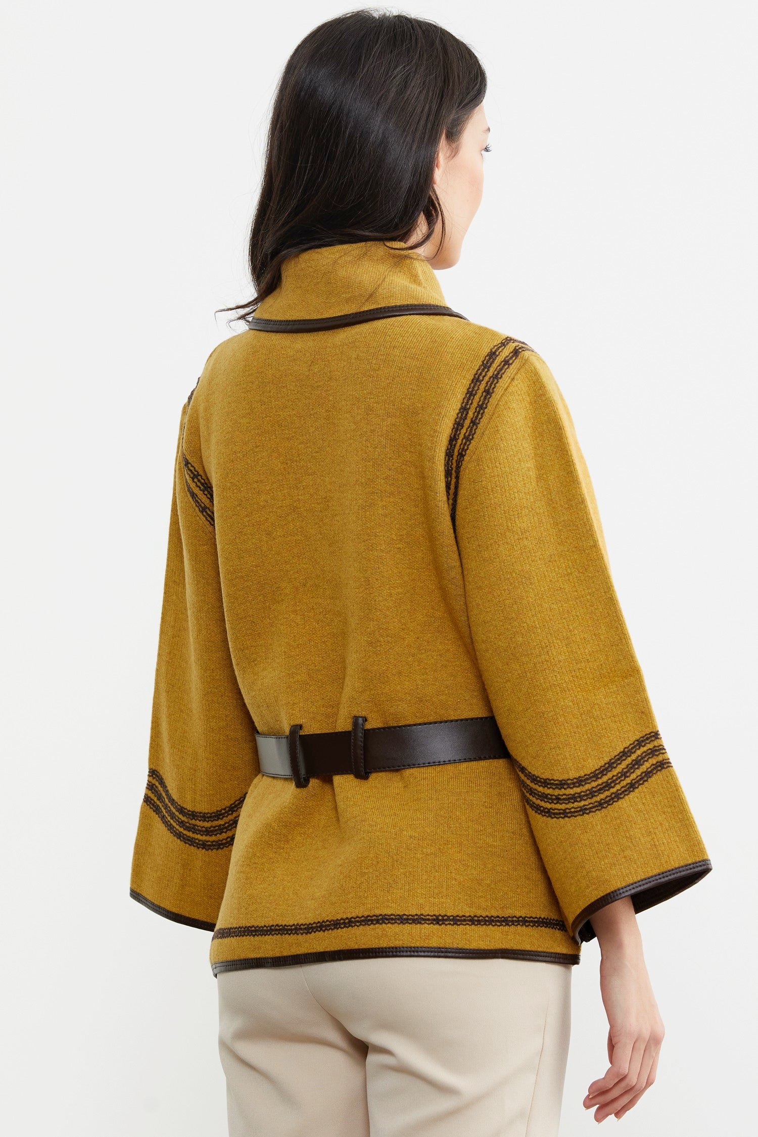 Suni Deri Kemer Detaylı Triko Ceket - Güneş - Kahverengi (6) Sementa