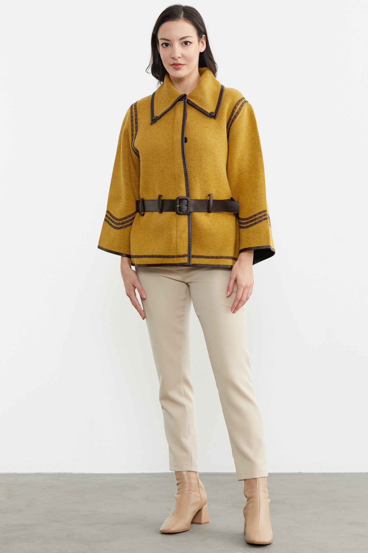 Suni Deri Kemer Detaylı Triko Ceket - Güneş - Kahverengi (3) Sementa