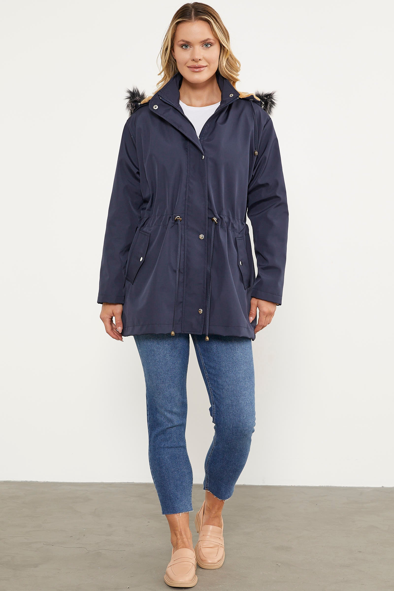 Suni Kürk Kapüşonlu Beli Ayarlanabilir Mont - Lacivert (1) Sementa