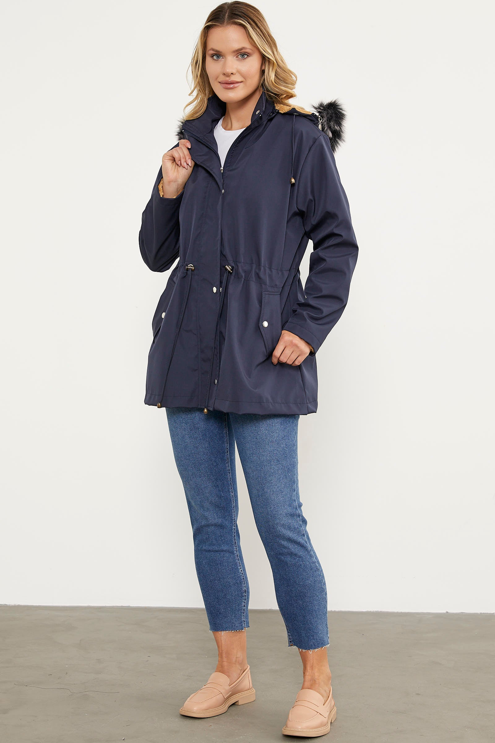 Suni Kürk Kapüşonlu Beli Ayarlanabilir Mont - Lacivert (2) Sementa