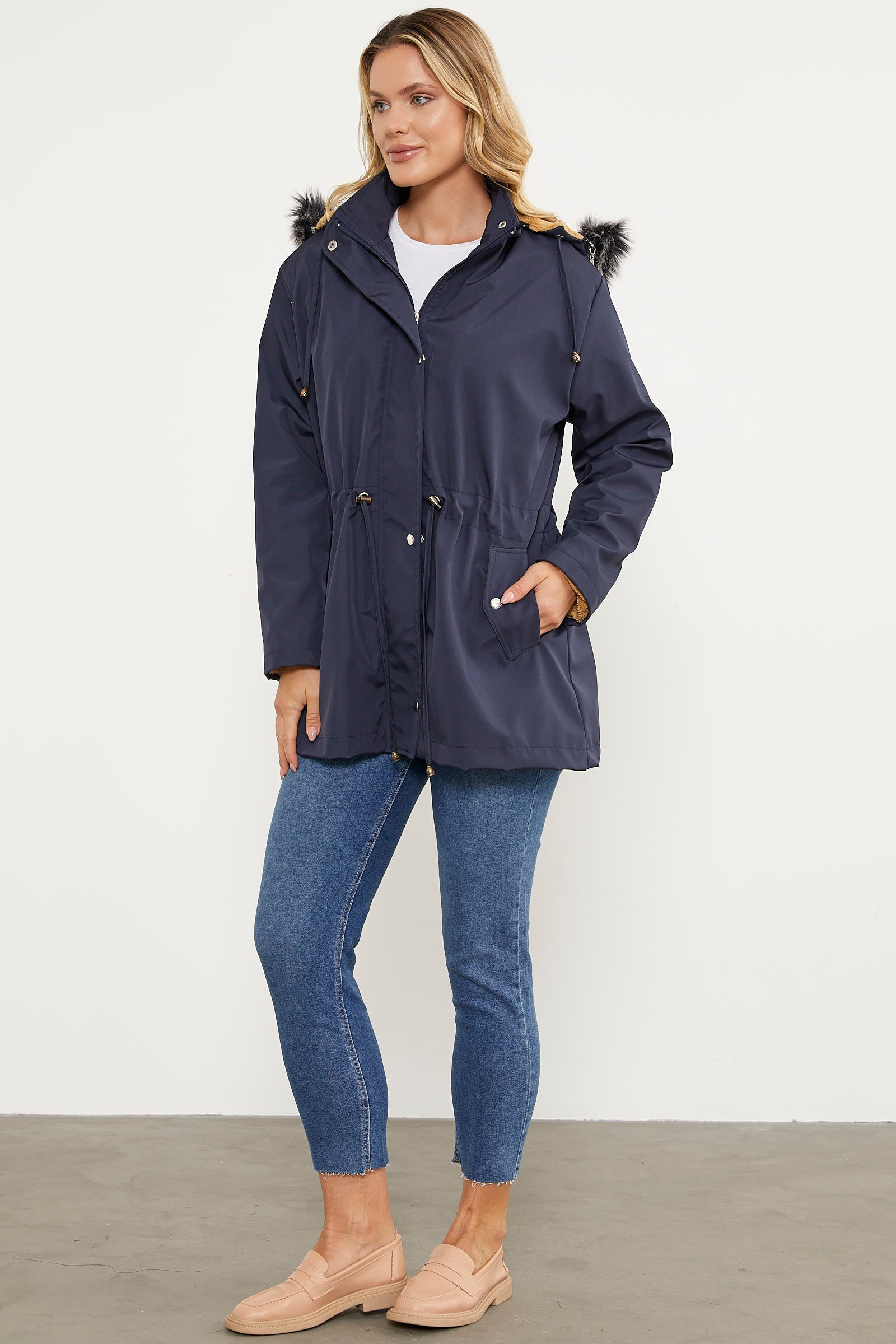 Suni Kürk Kapüşonlu Beli Ayarlanabilir Mont - Lacivert (3) Sementa