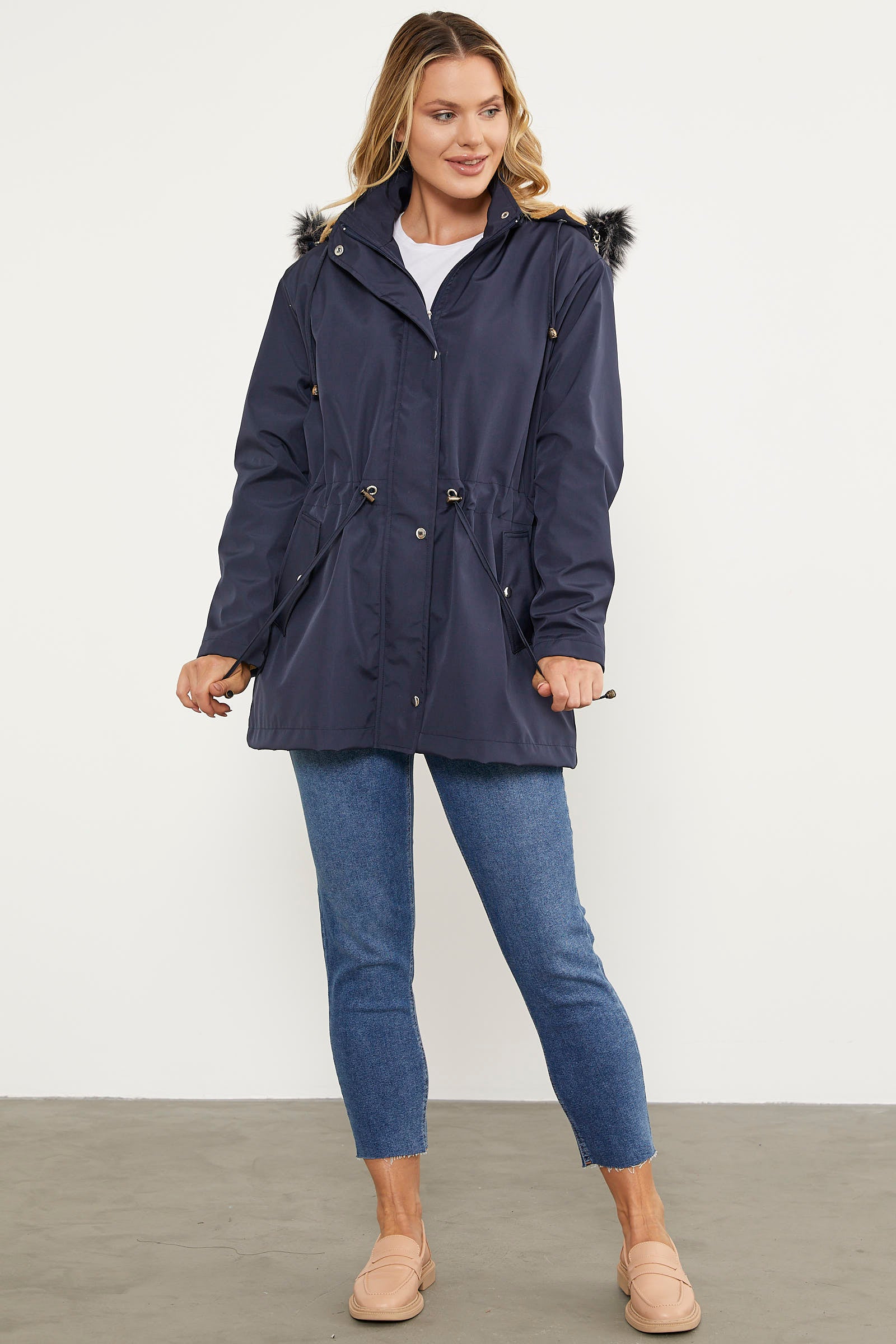 Suni Kürk Kapüşonlu Beli Ayarlanabilir Mont - Lacivert (4) Sementa