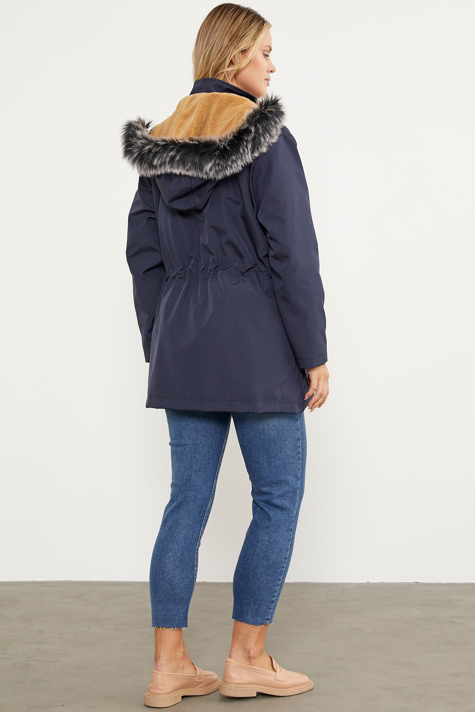 Suni Kürk Kapüşonlu Beli Ayarlanabilir Mont - Lacivert (5) Sementa