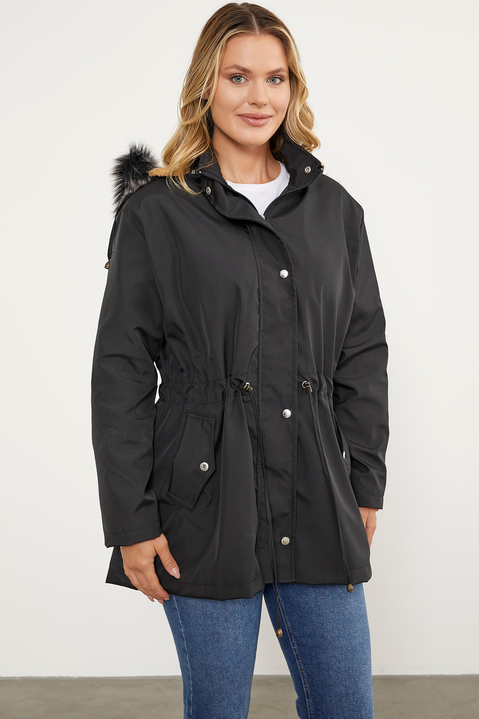 Suni Kürk Kapüşonlu Beli Ayarlanabilir Mont - Siyah (4) Sementa