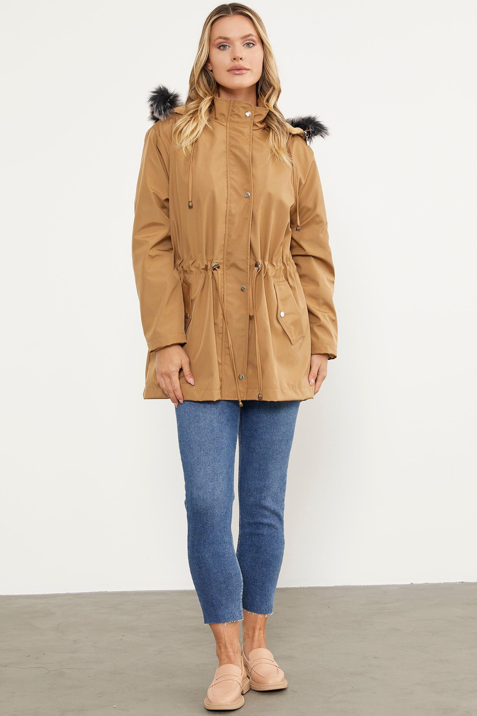 Suni Kürk Kapüşonlu Beli Ayarlanabilir Mont - Vizon (2) Sementa