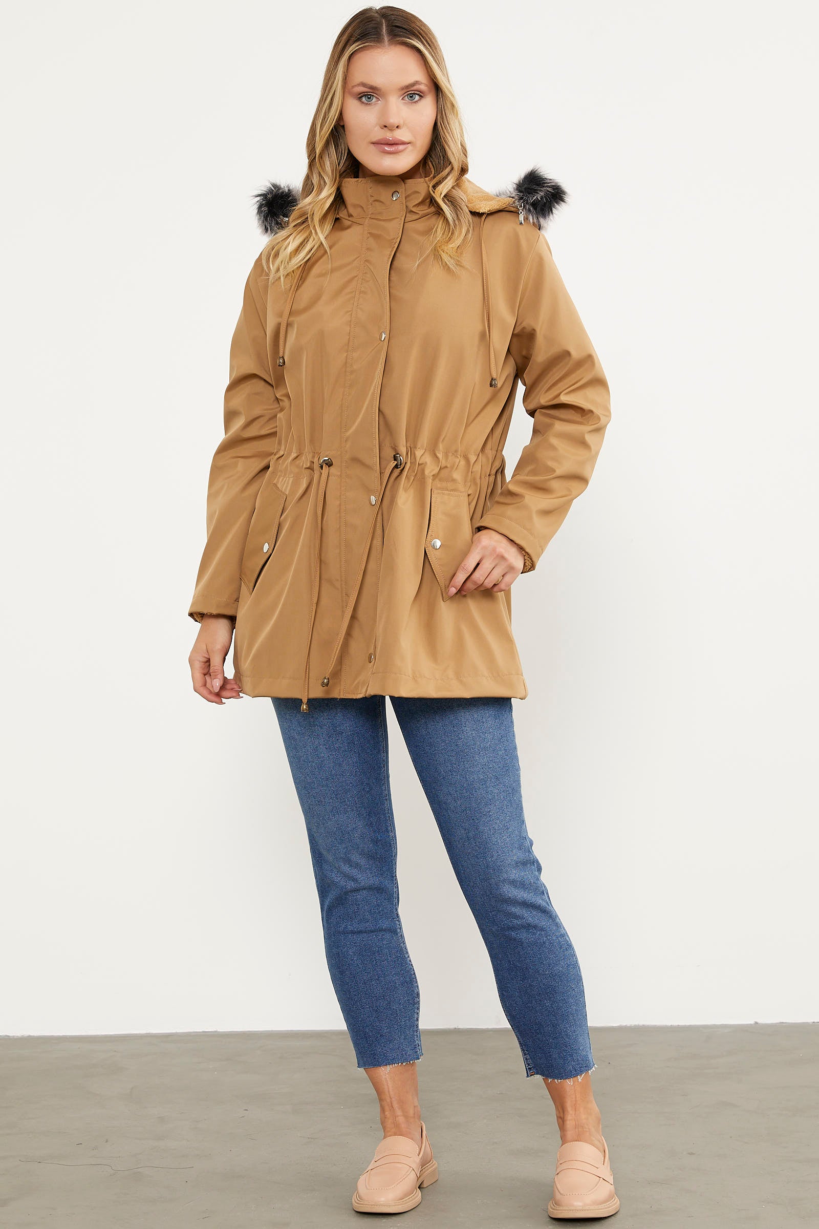 Suni Kürk Kapüşonlu Beli Ayarlanabilir Mont - Vizon (1) Sementa