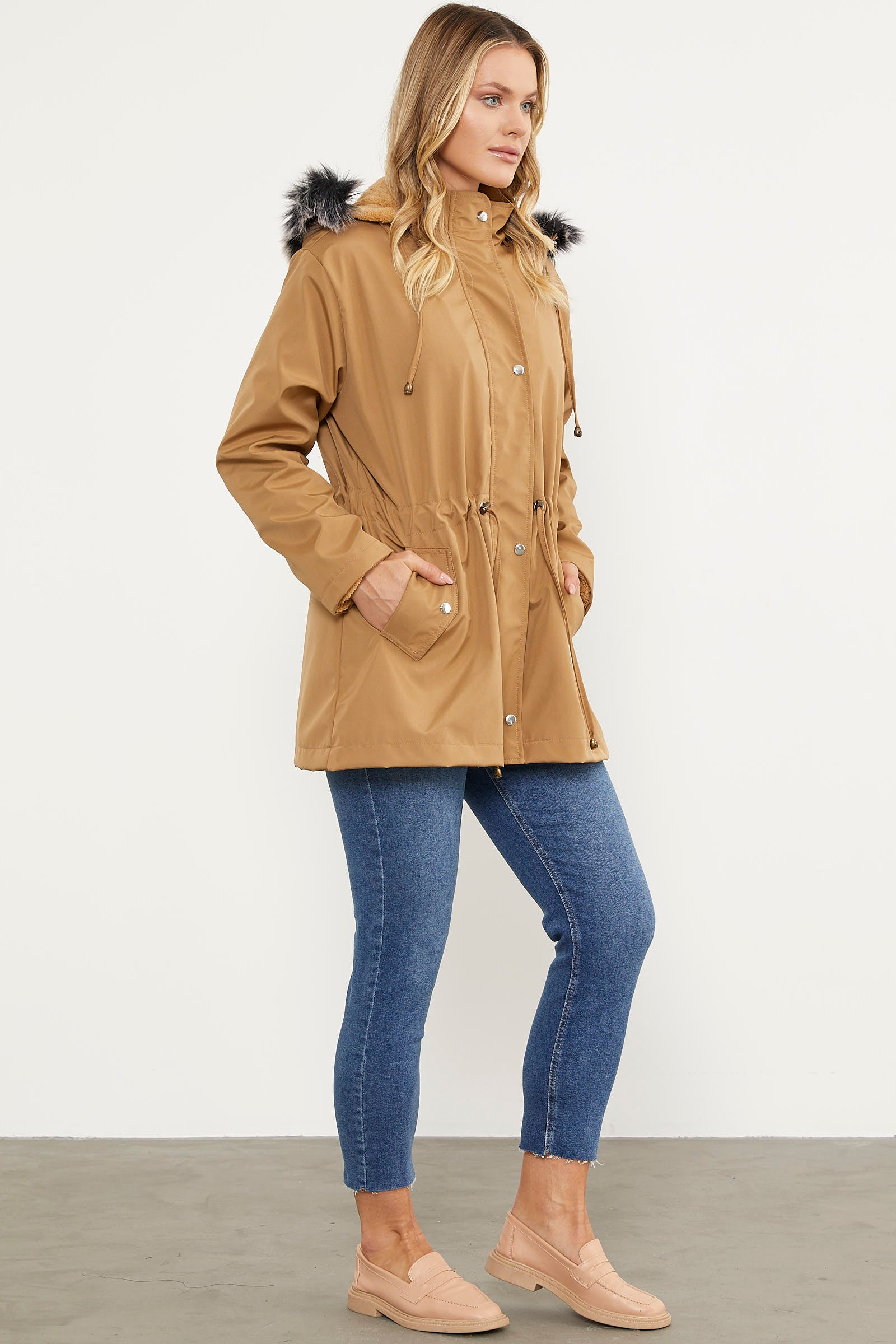 Suni Kürk Kapüşonlu Beli Ayarlanabilir Mont - Vizon (4) Sementa