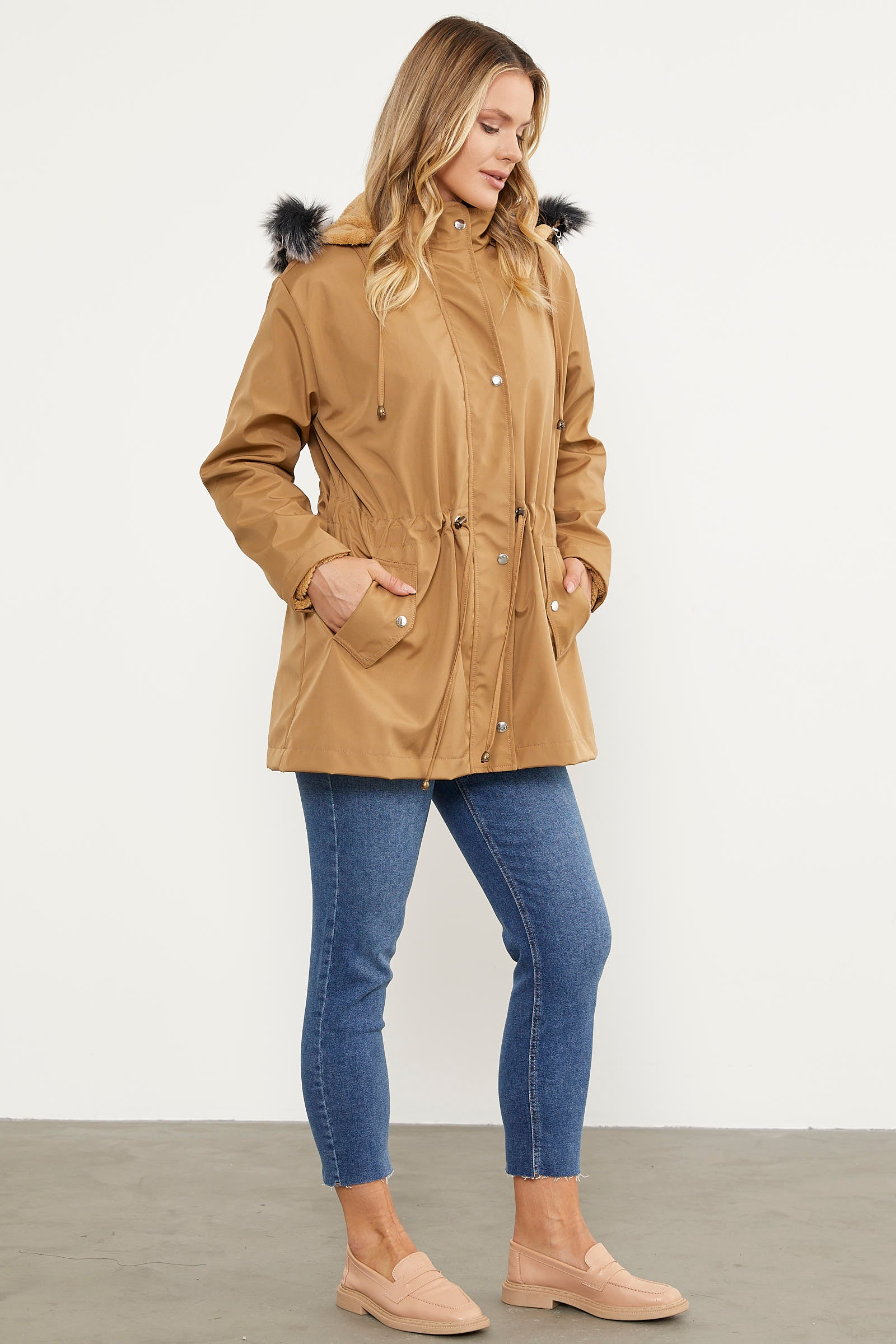 Suni Kürk Kapüşonlu Beli Ayarlanabilir Mont - Vizon (5) Sementa