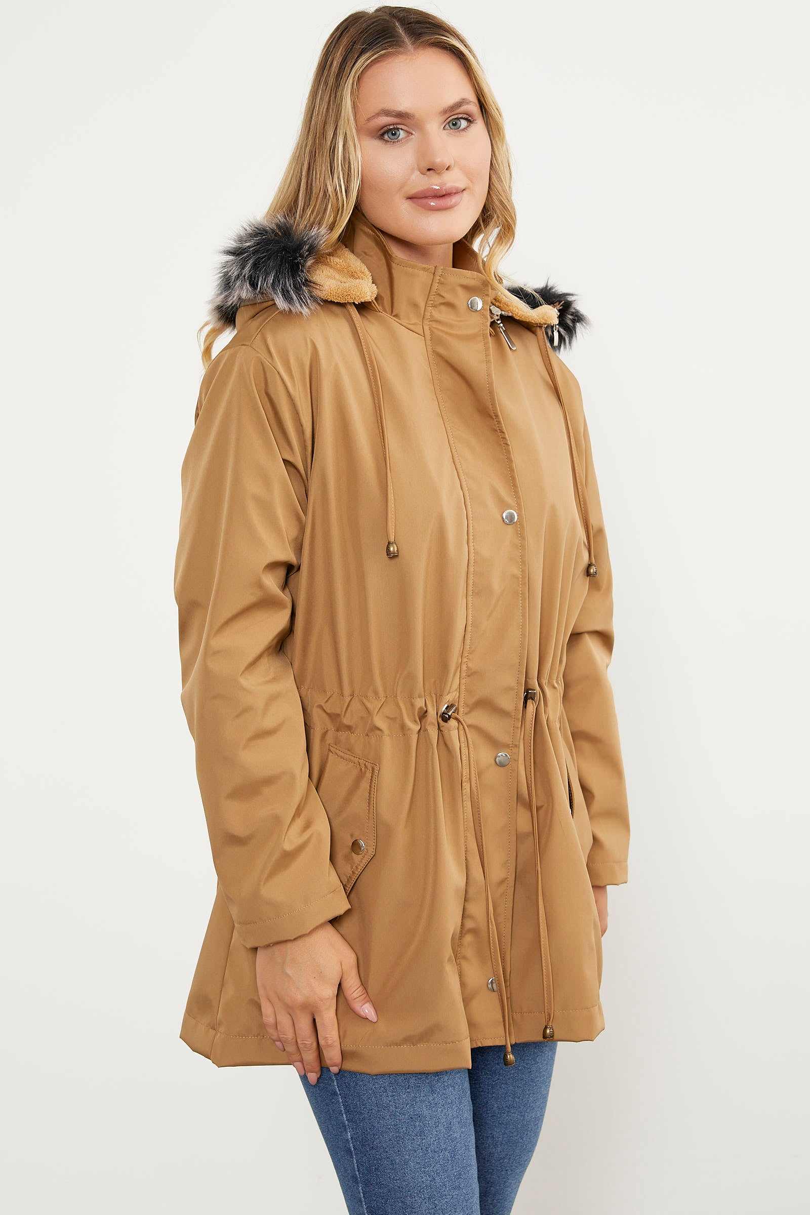 Suni Kürk Kapüşonlu Beli Ayarlanabilir Mont - Vizon (6) Sementa