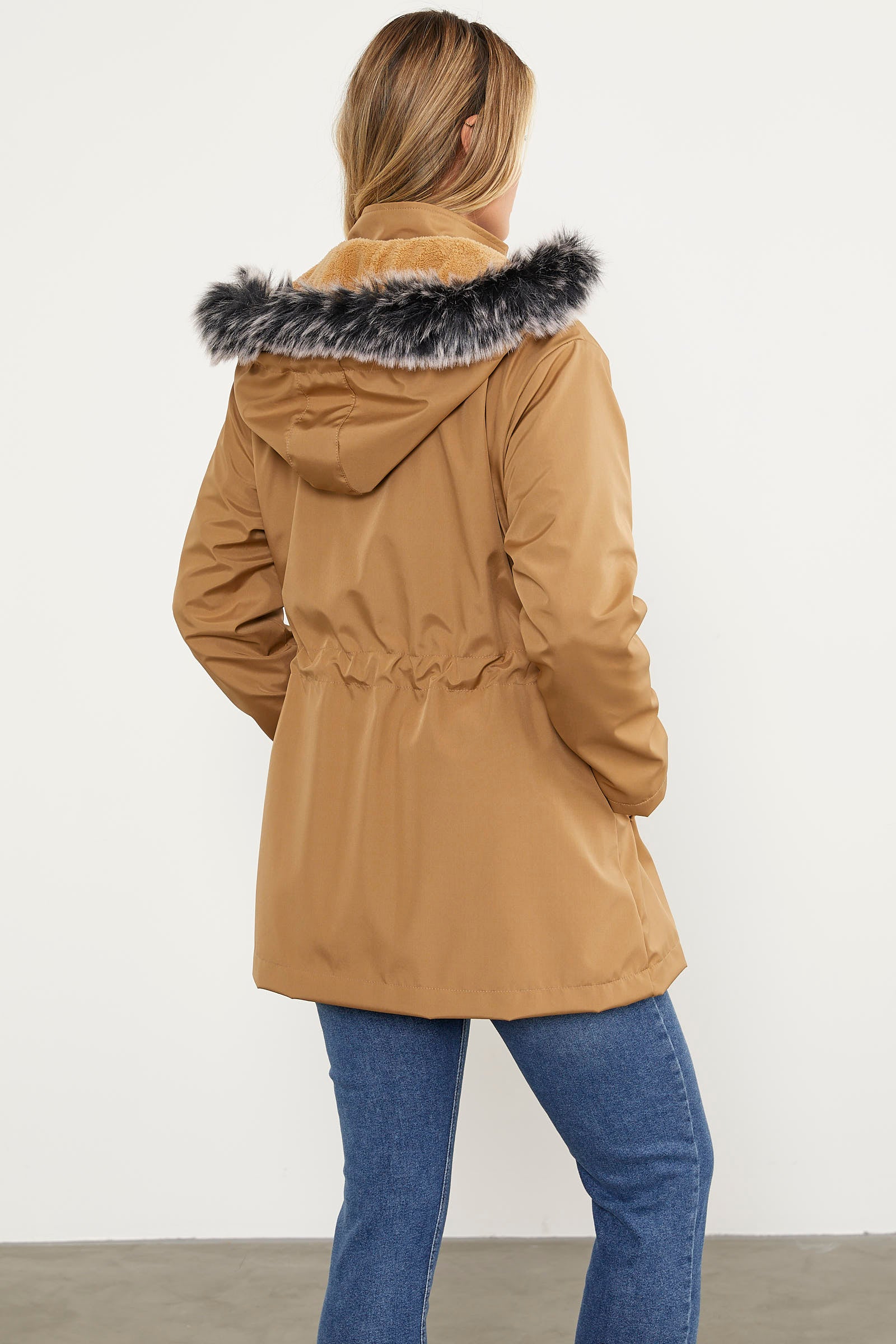 Suni Kürk Kapüşonlu Beli Ayarlanabilir Mont - Vizon (7) Sementa