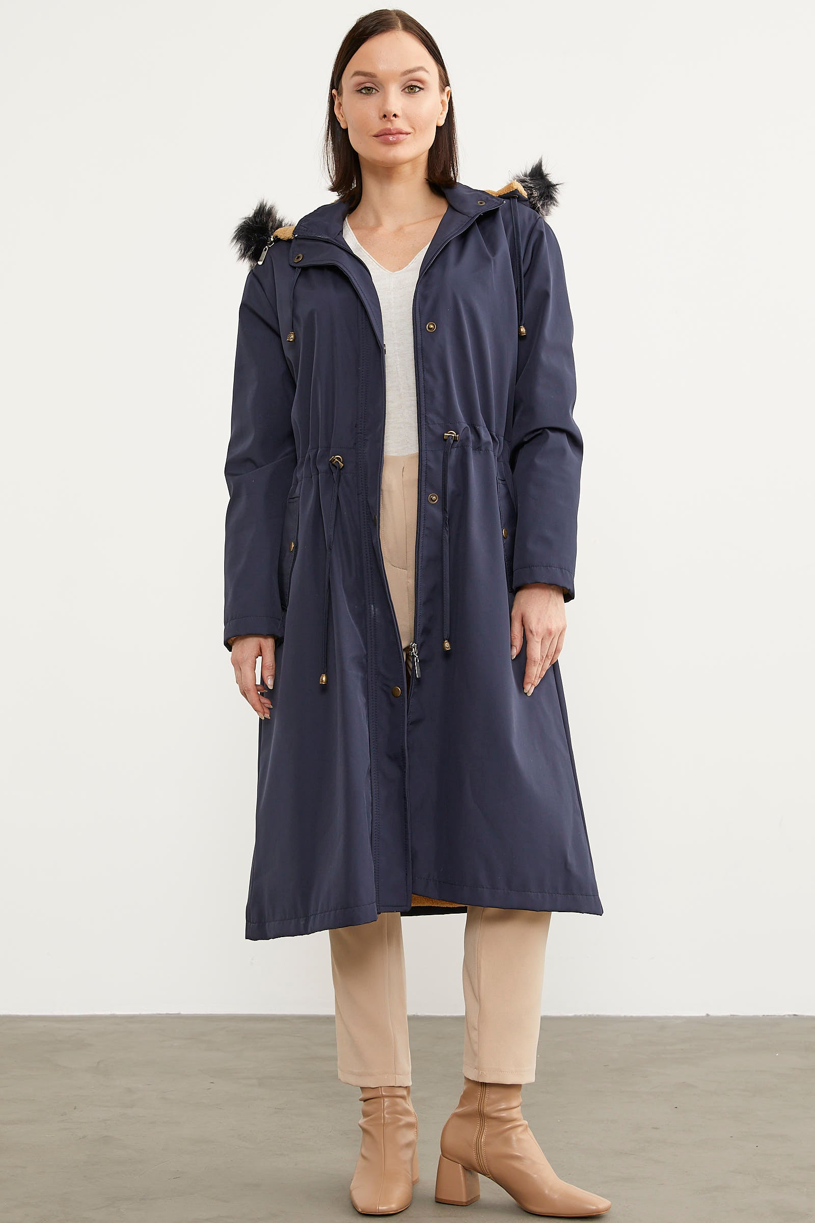 Suni Kürk Kapüşonlu Beli Ayarlanabilir Uzun Trençkot - Lacivert (2) Sementa