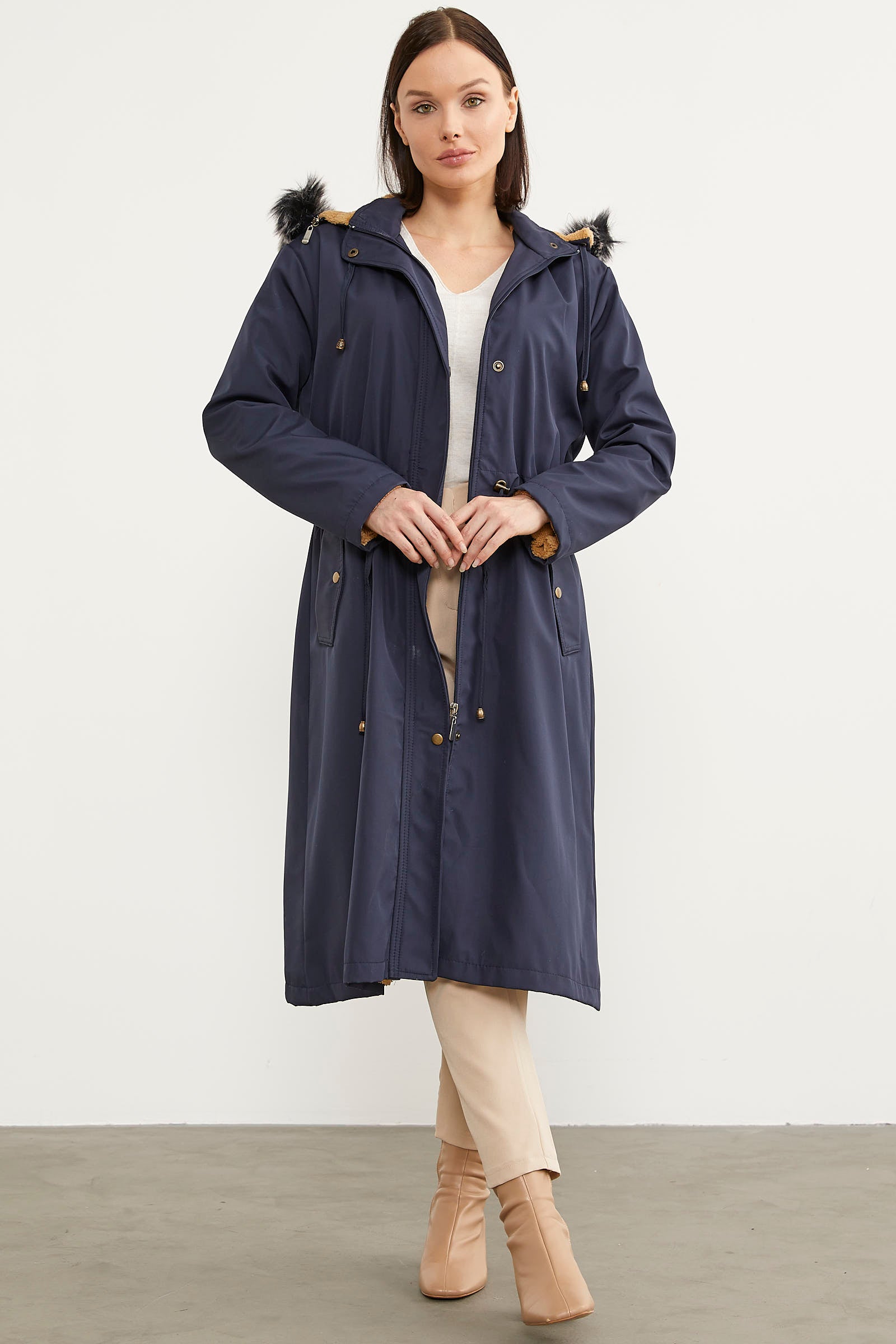 Suni Kürk Kapüşonlu Beli Ayarlanabilir Uzun Trençkot - Lacivert (1) Sementa