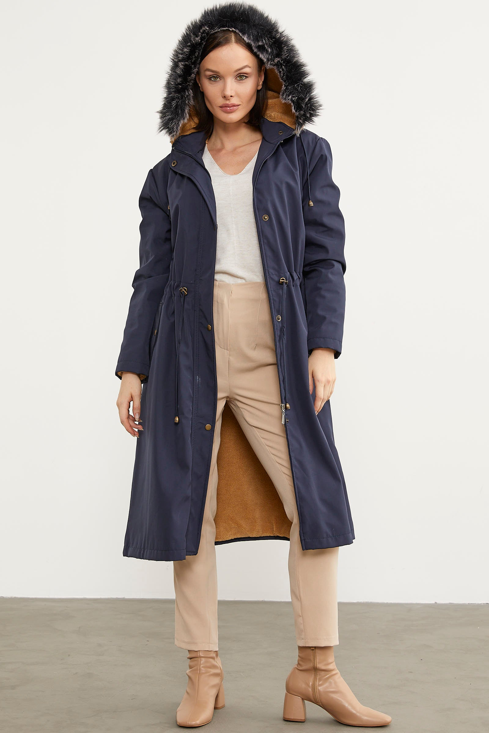 Suni Kürk Kapüşonlu Beli Ayarlanabilir Uzun Trençkot - Lacivert (5) Sementa