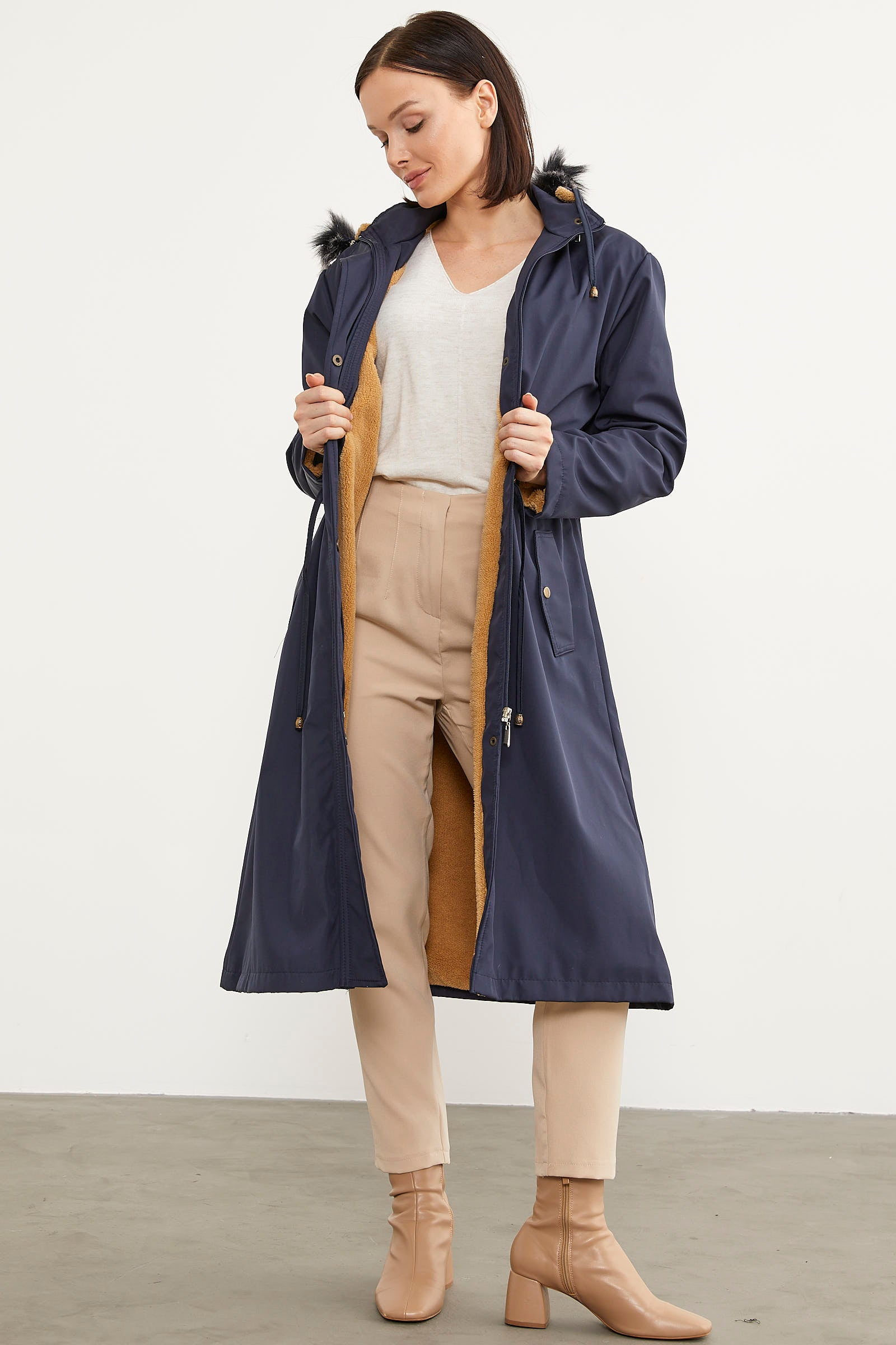 Suni Kürk Kapüşonlu Beli Ayarlanabilir Uzun Trençkot - Lacivert (4) Sementa