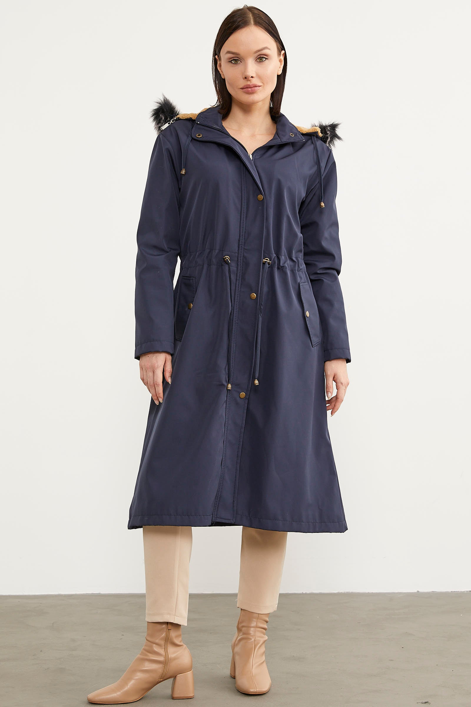 Suni Kürk Kapüşonlu Beli Ayarlanabilir Uzun Trençkot - Lacivert (3) Sementa