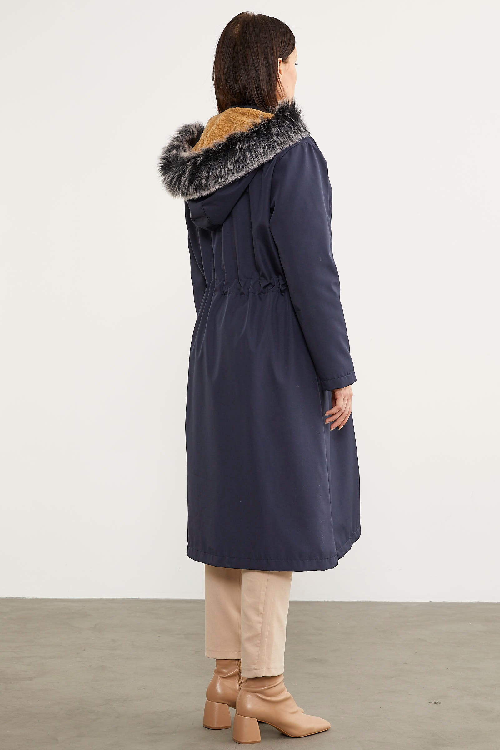 Suni Kürk Kapüşonlu Beli Ayarlanabilir Uzun Trençkot - Lacivert (7) Sementa