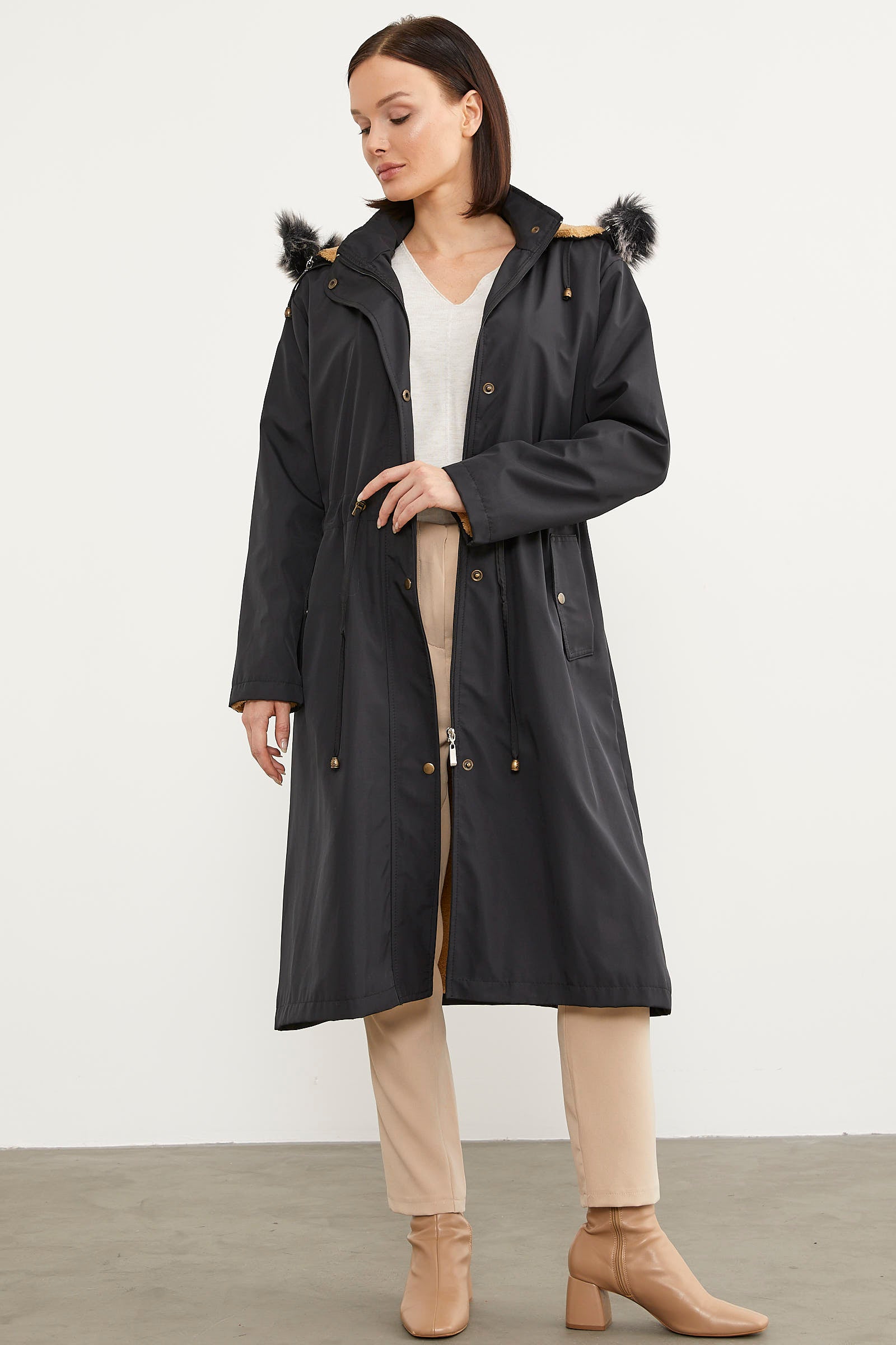 Suni Kürk Kapüşonlu Beli Ayarlanabilir Uzun Trençkot - Siyah (2) Sementa