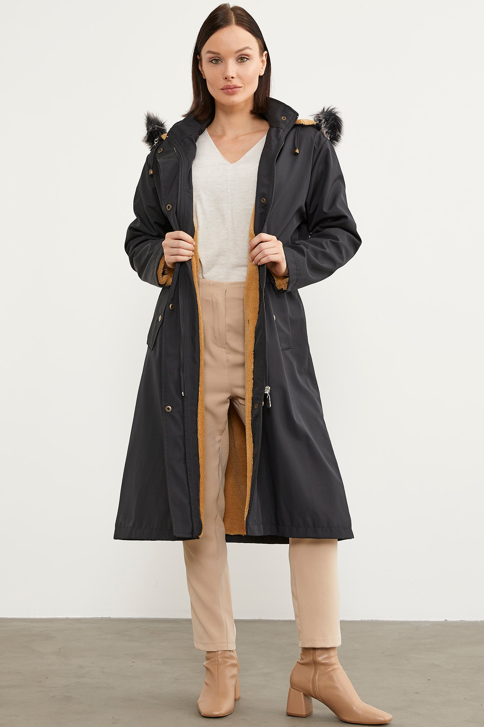 Suni Kürk Kapüşonlu Beli Ayarlanabilir Uzun Trençkot - Siyah (3) Sementa