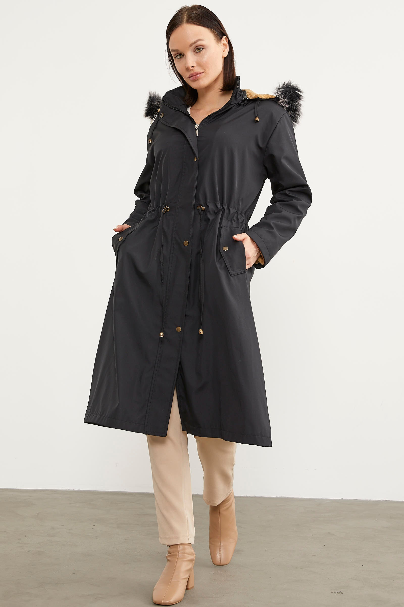 Suni Kürk Kapüşonlu Beli Ayarlanabilir Uzun Trençkot - Siyah (4) Sementa