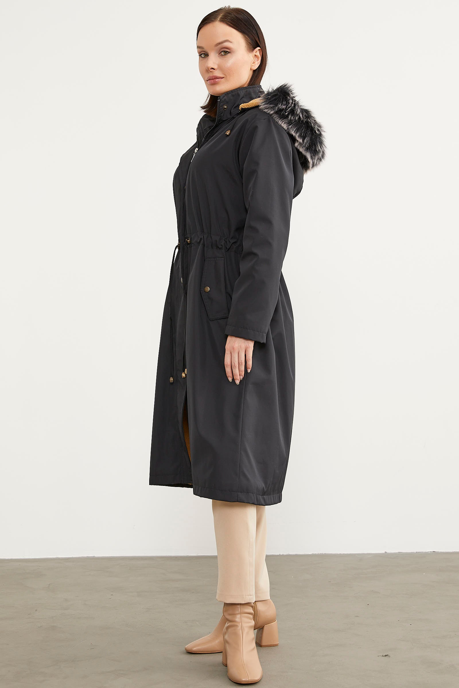 Suni Kürk Kapüşonlu Beli Ayarlanabilir Uzun Trençkot - Siyah (7) Sementa