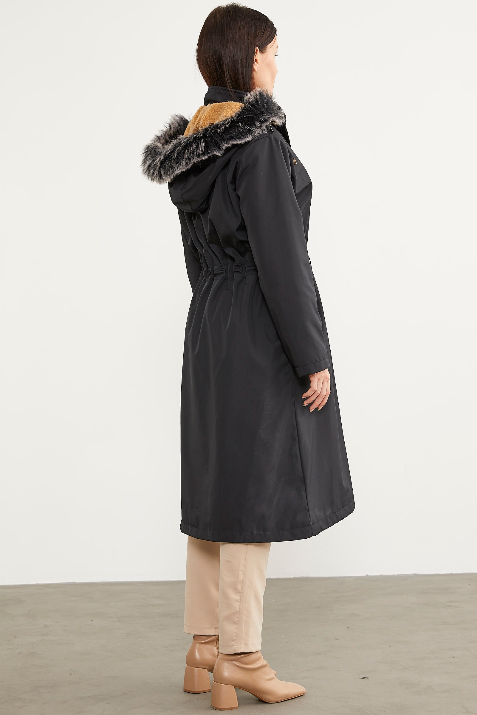Suni Kürk Kapüşonlu Beli Ayarlanabilir Uzun Trençkot - Siyah (8) Sementa