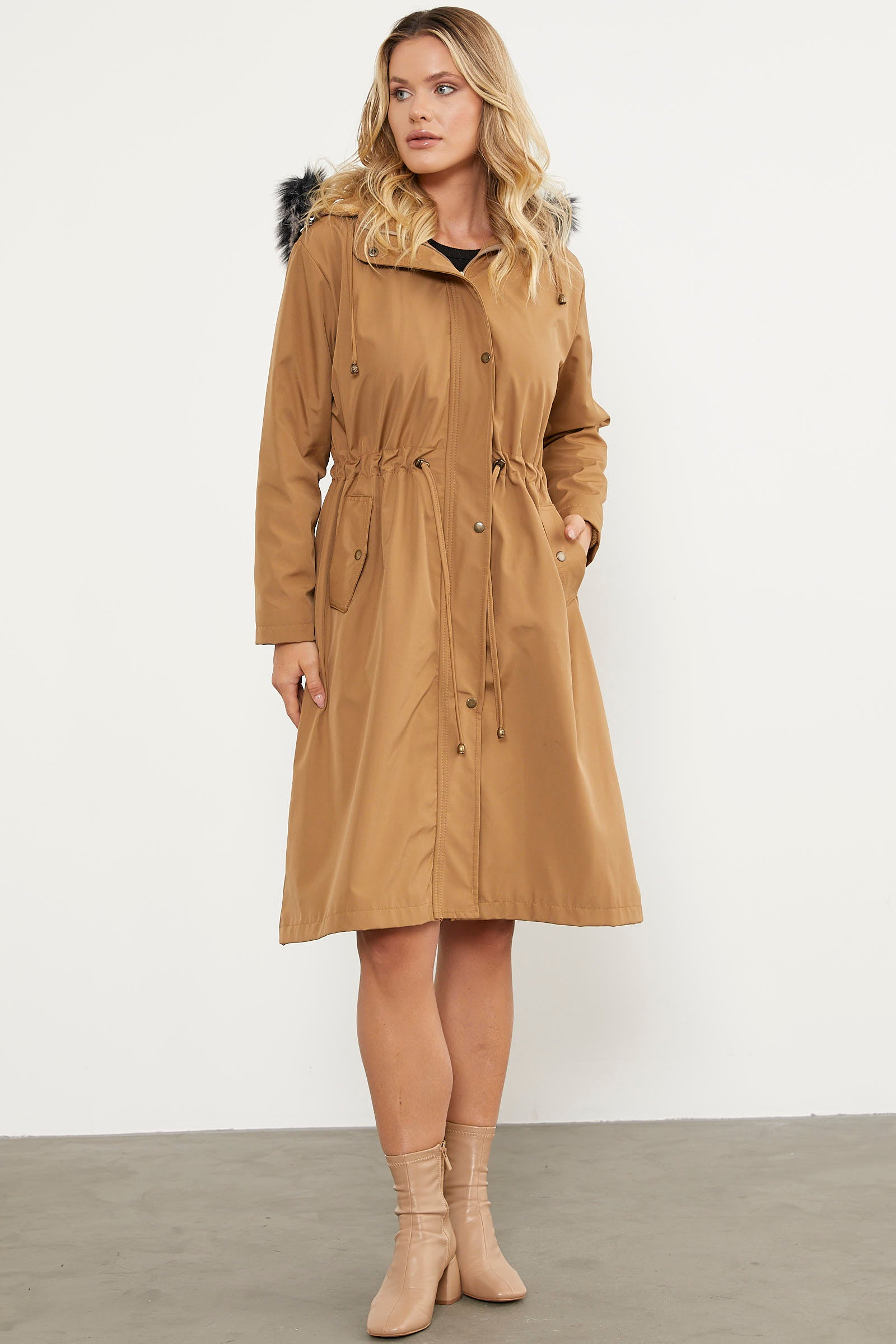 Suni Kürk Kapüşonlu Beli Ayarlanabilir Uzun Trençkot - Vizon (2) Sementa