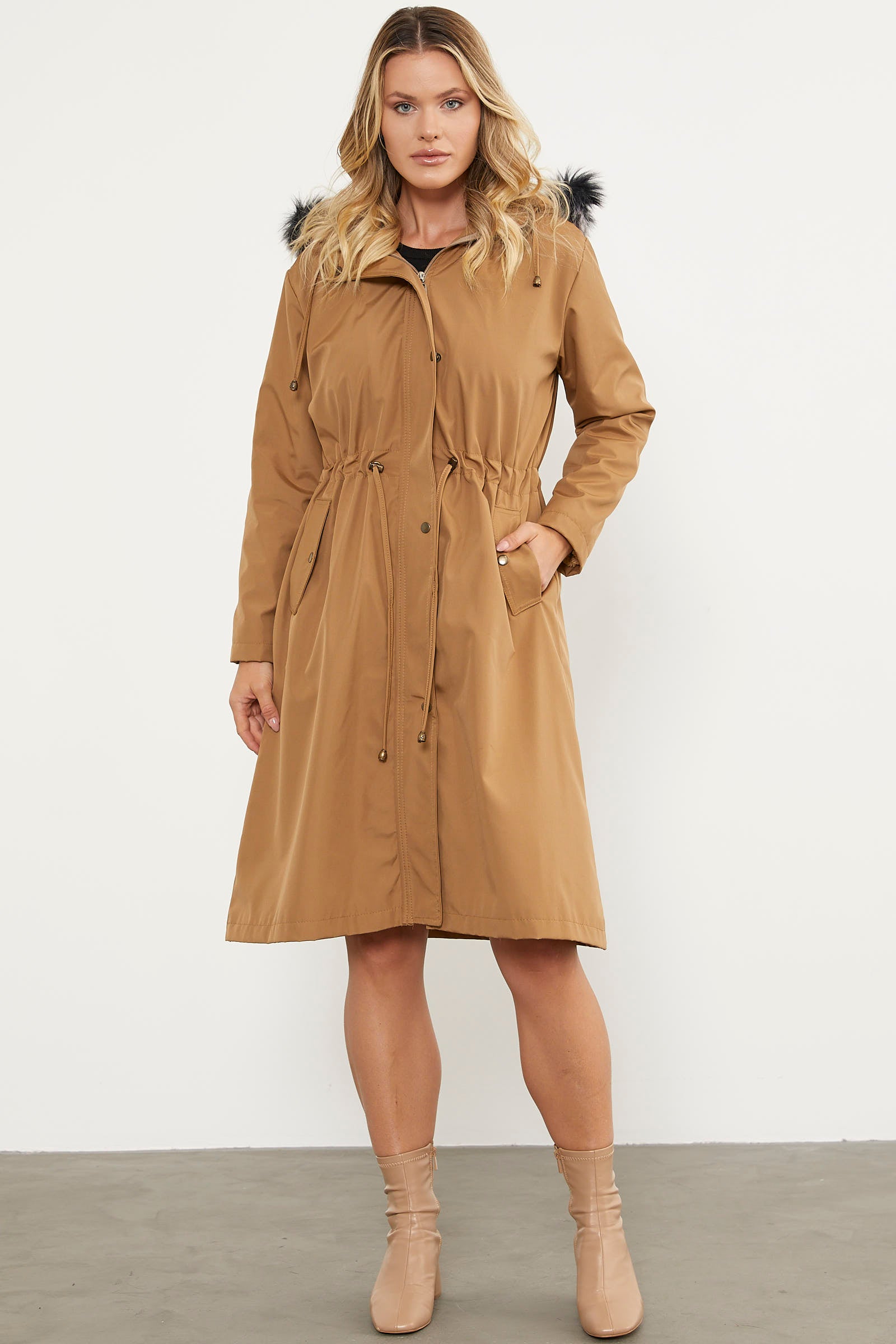 Suni Kürk Kapüşonlu Beli Ayarlanabilir Uzun Trençkot - Vizon (3) Sementa