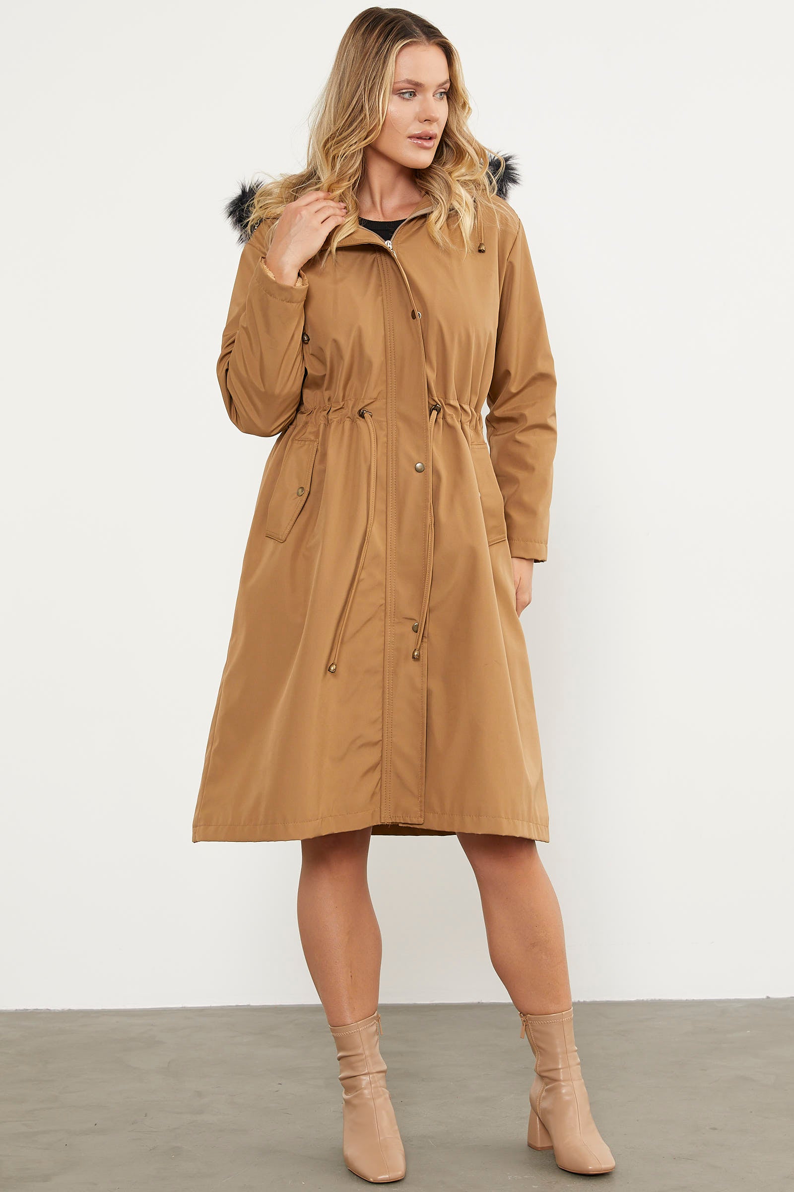 Suni Kürk Kapüşonlu Beli Ayarlanabilir Uzun Trençkot - Vizon (4) Sementa