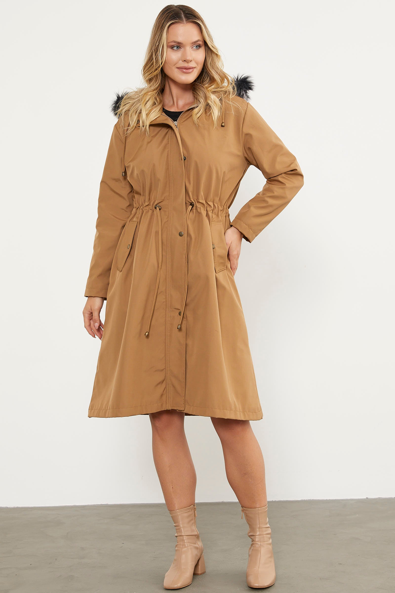 Suni Kürk Kapüşonlu Beli Ayarlanabilir Uzun Trençkot - Vizon (5) Sementa