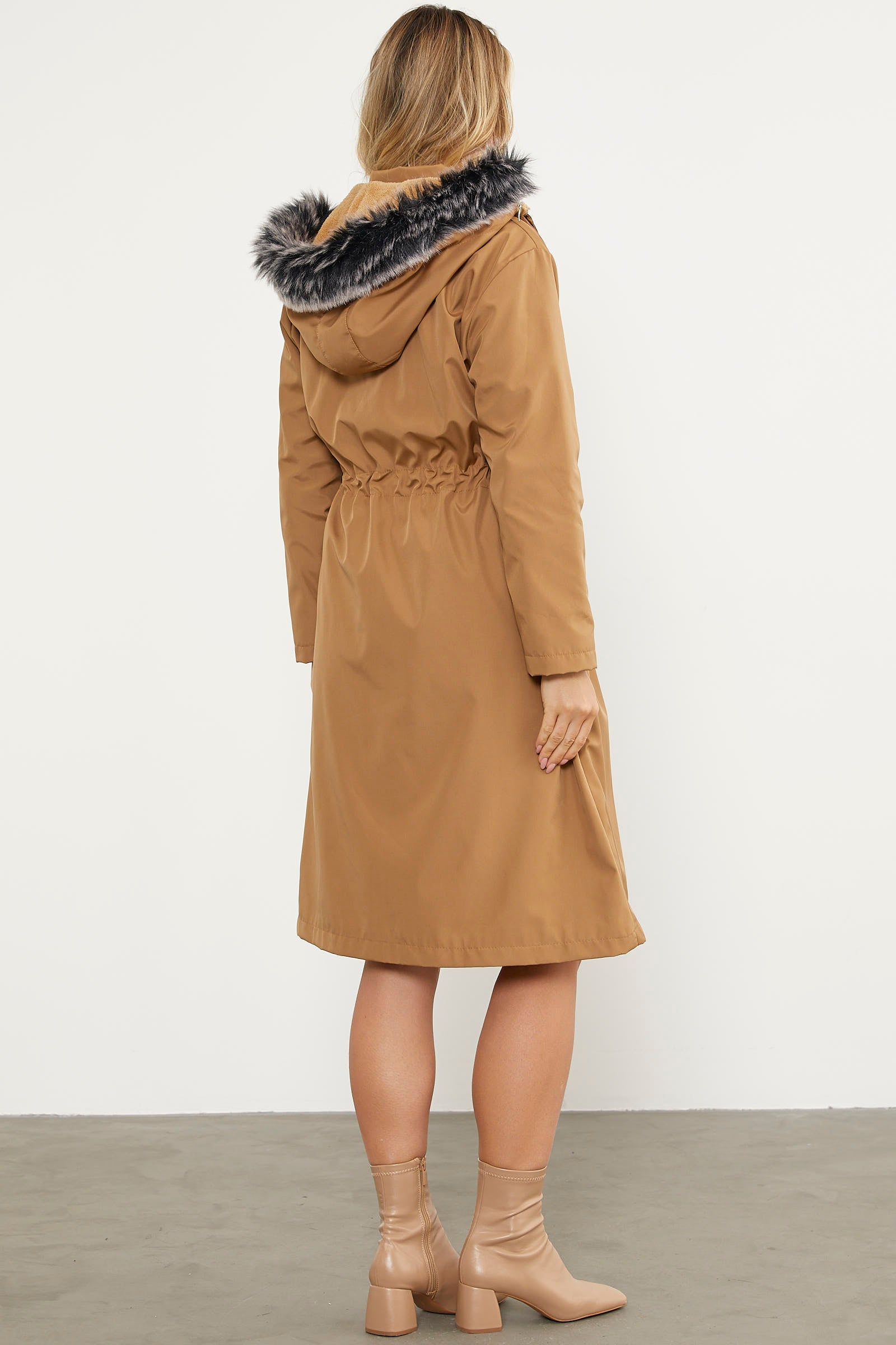 Suni Kürk Kapüşonlu Beli Ayarlanabilir Uzun Trençkot - Vizon (7) Sementa