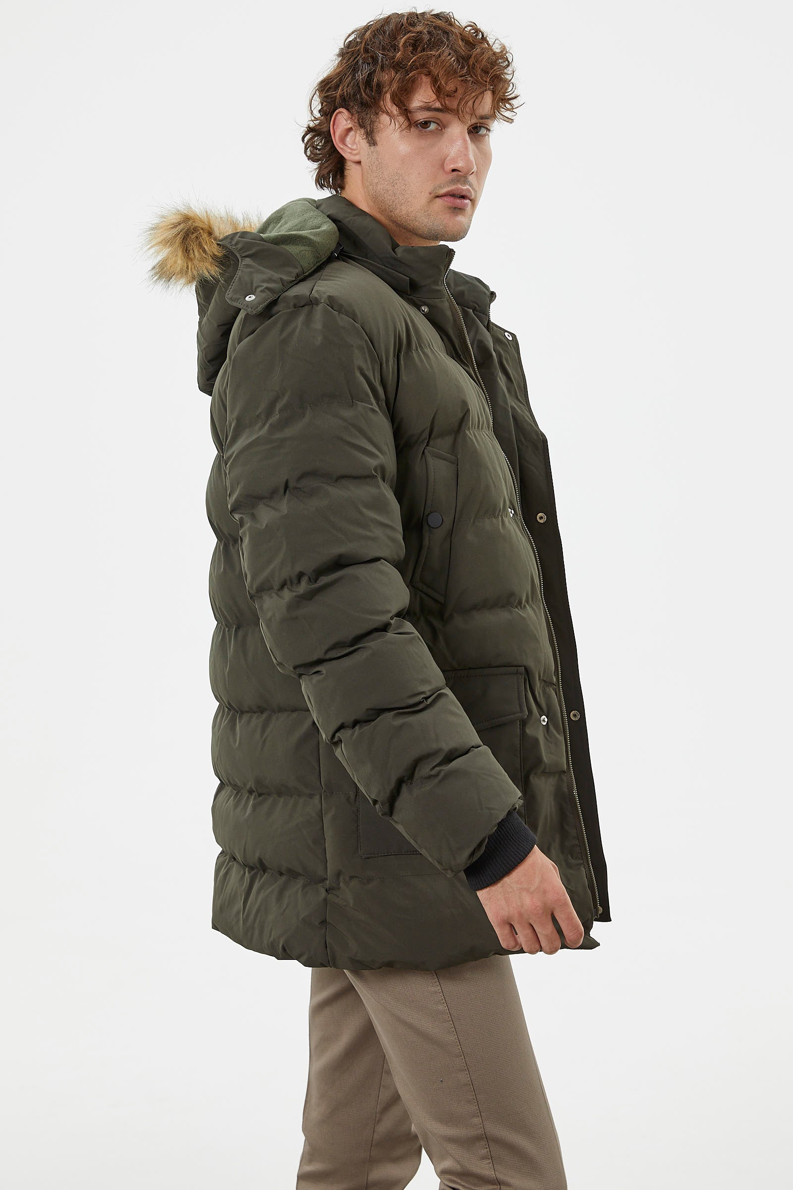 Suni Kürk Kapüşonlu Fermuarlı Mont - Haki (4) Sementa