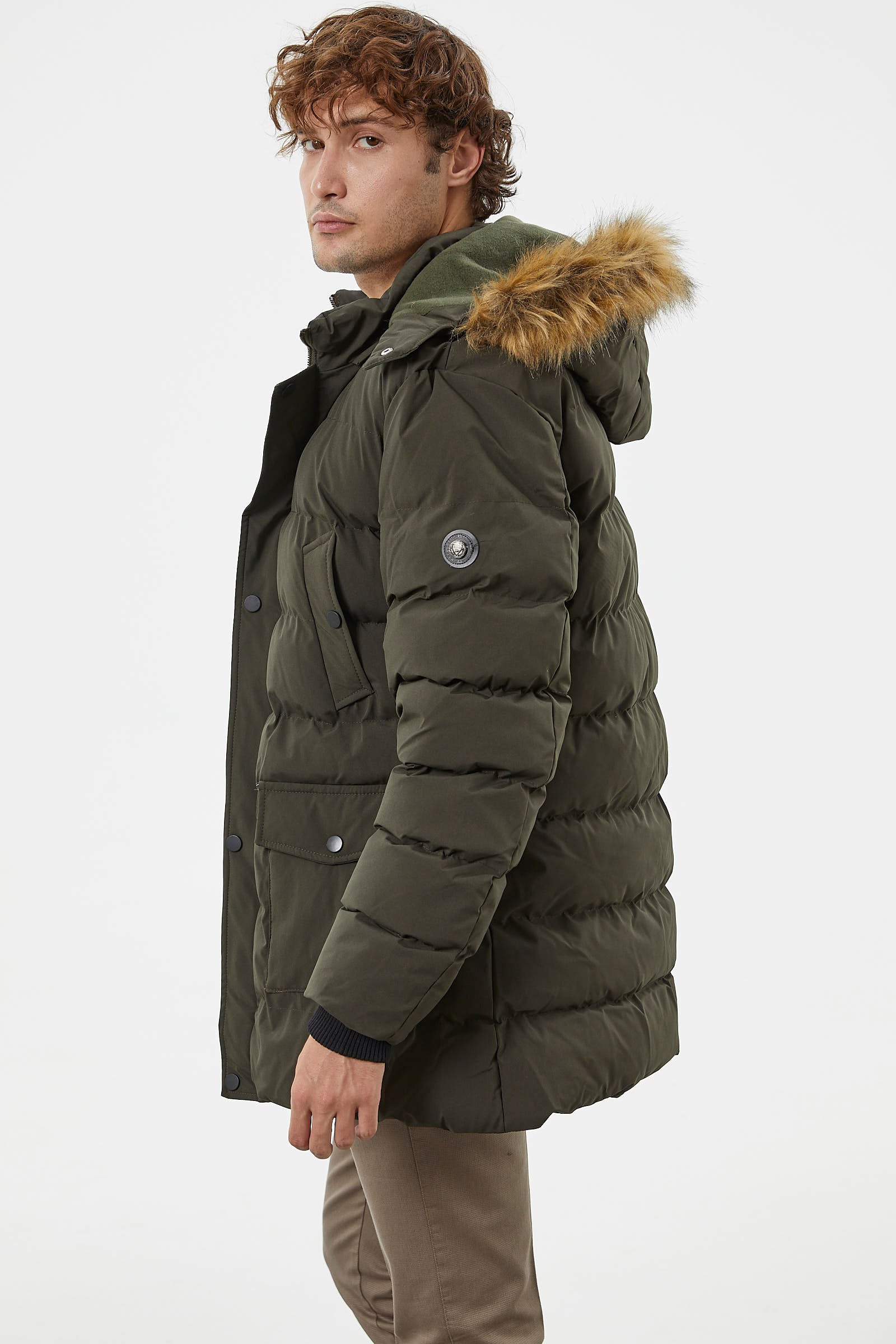 Suni Kürk Kapüşonlu Fermuarlı Mont - Haki (5) Sementa