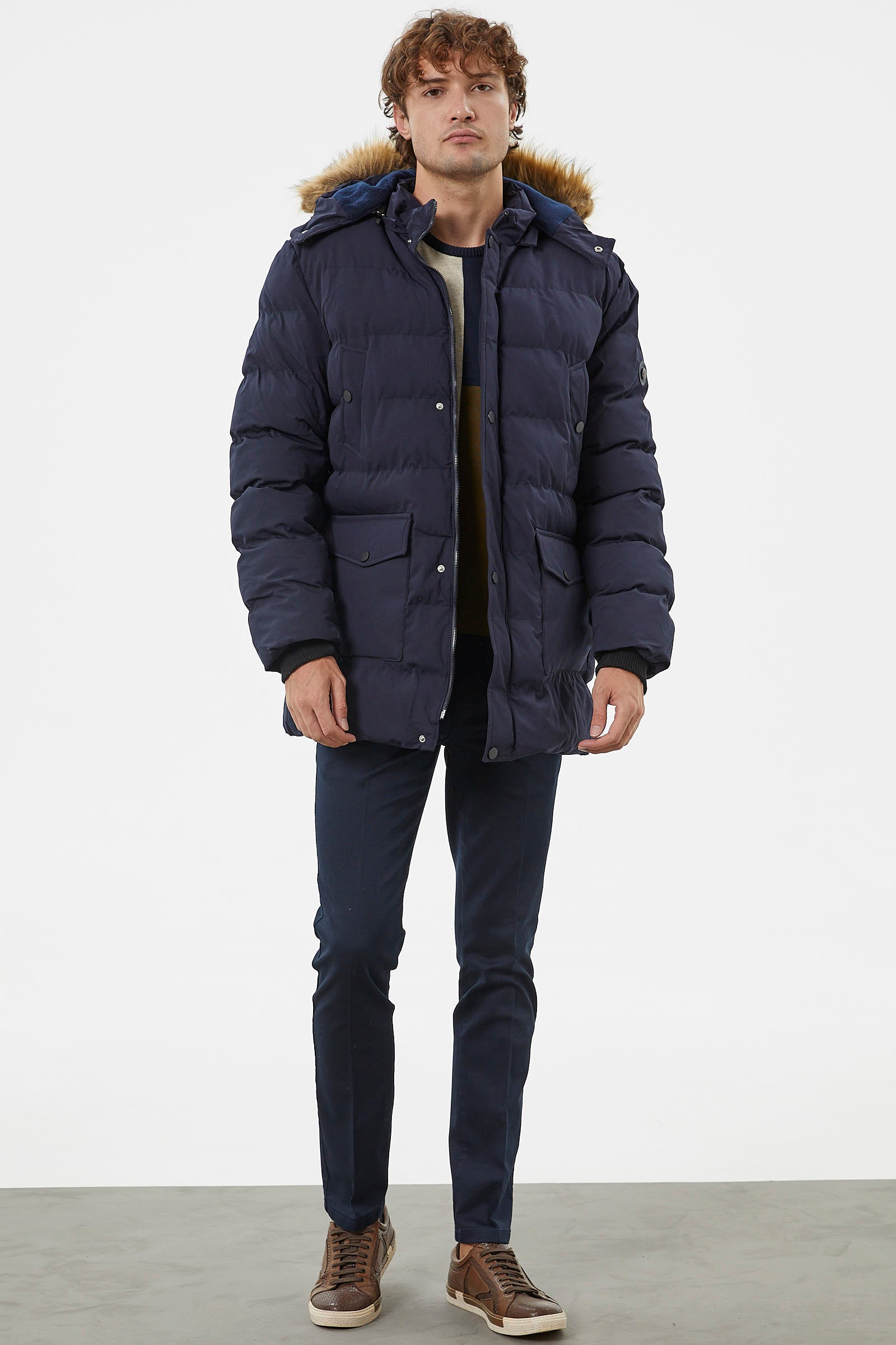 Suni Kürk Kapüşonlu Fermuarlı Mont - Lacivert (1) Sementa