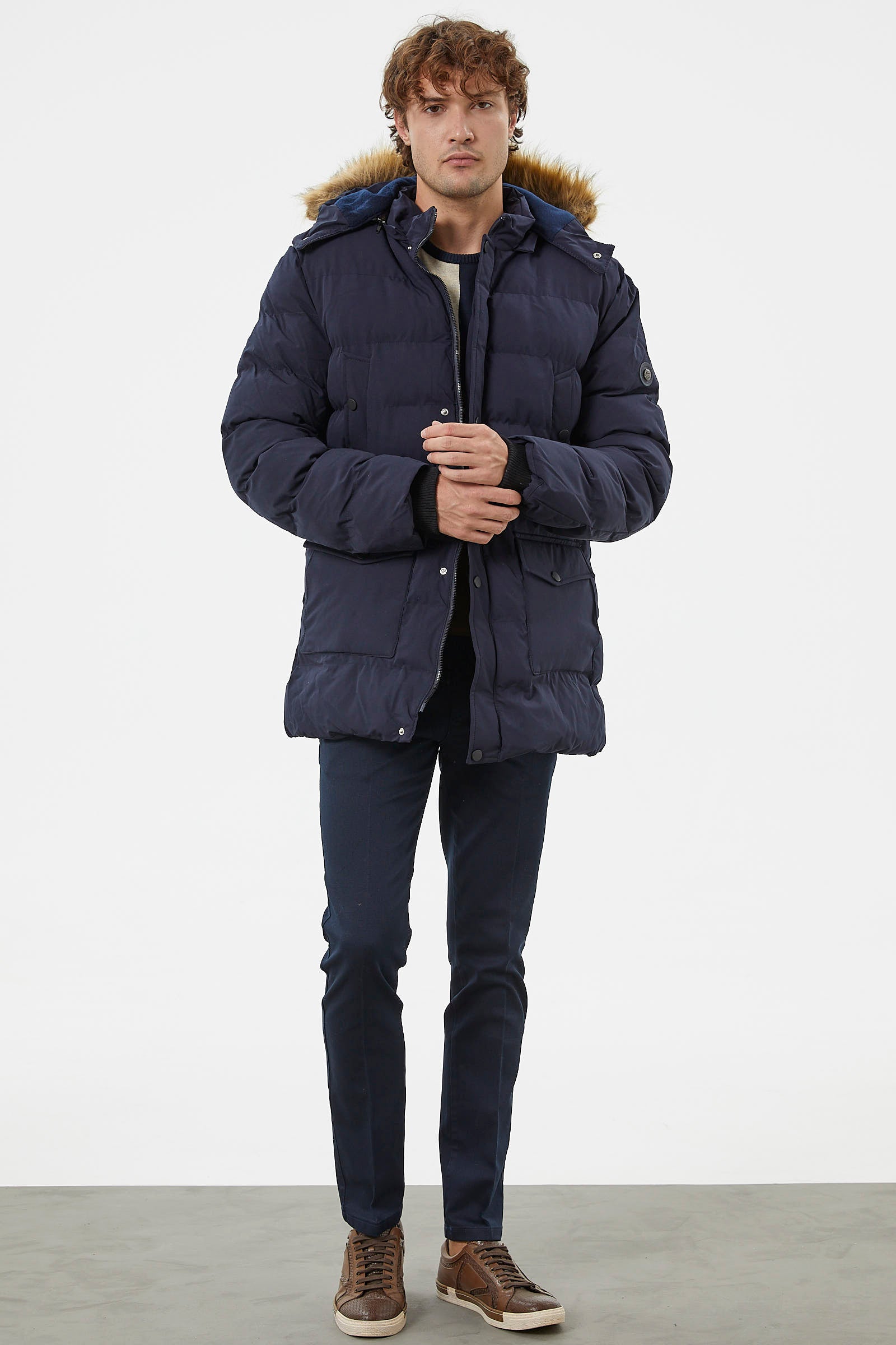 Suni Kürk Kapüşonlu Fermuarlı Mont - Lacivert (2) Sementa