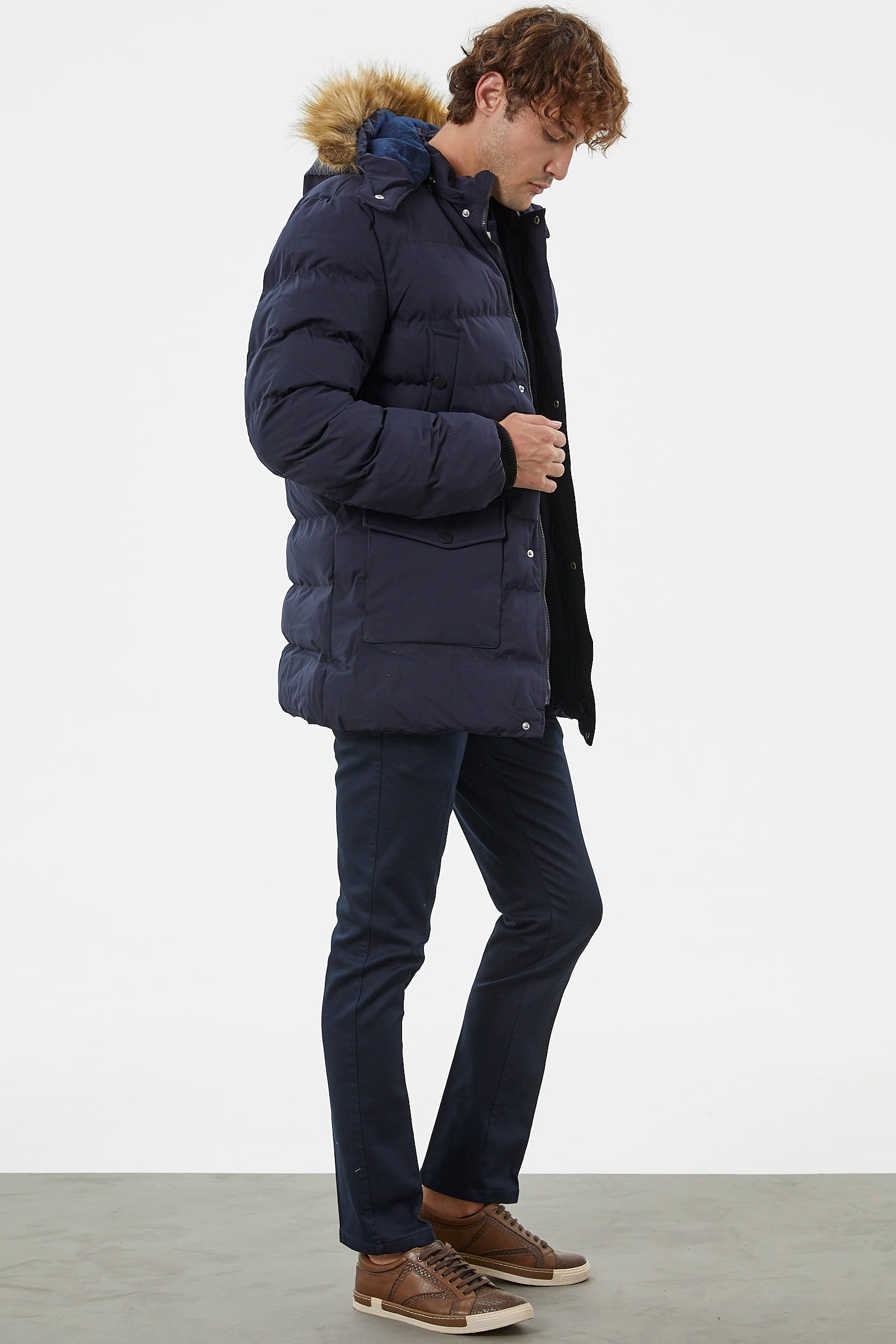 Suni Kürk Kapüşonlu Fermuarlı Mont - Lacivert (5) Sementa