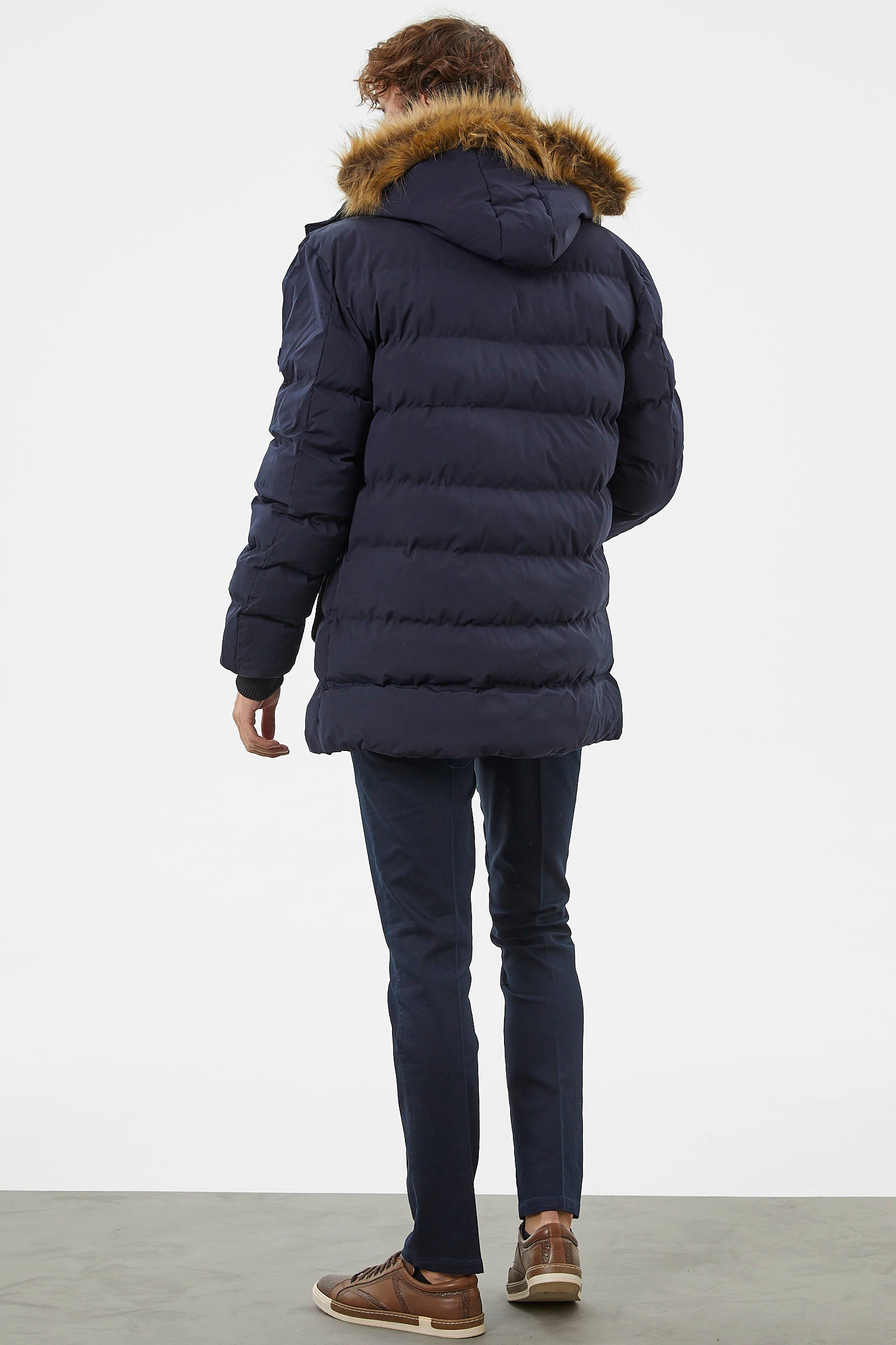 Suni Kürk Kapüşonlu Fermuarlı Mont - Lacivert (7) Sementa